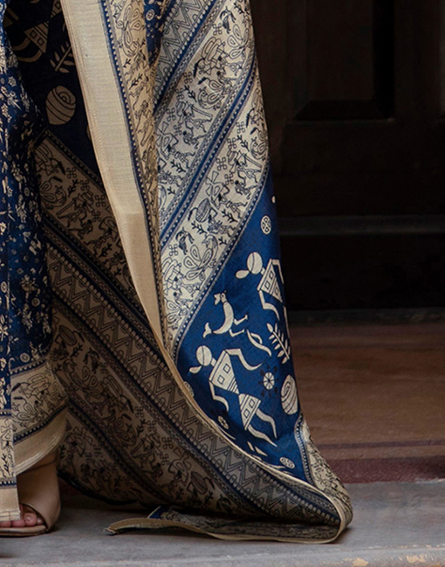 Navy Blue Khadi Warli Printed Saree