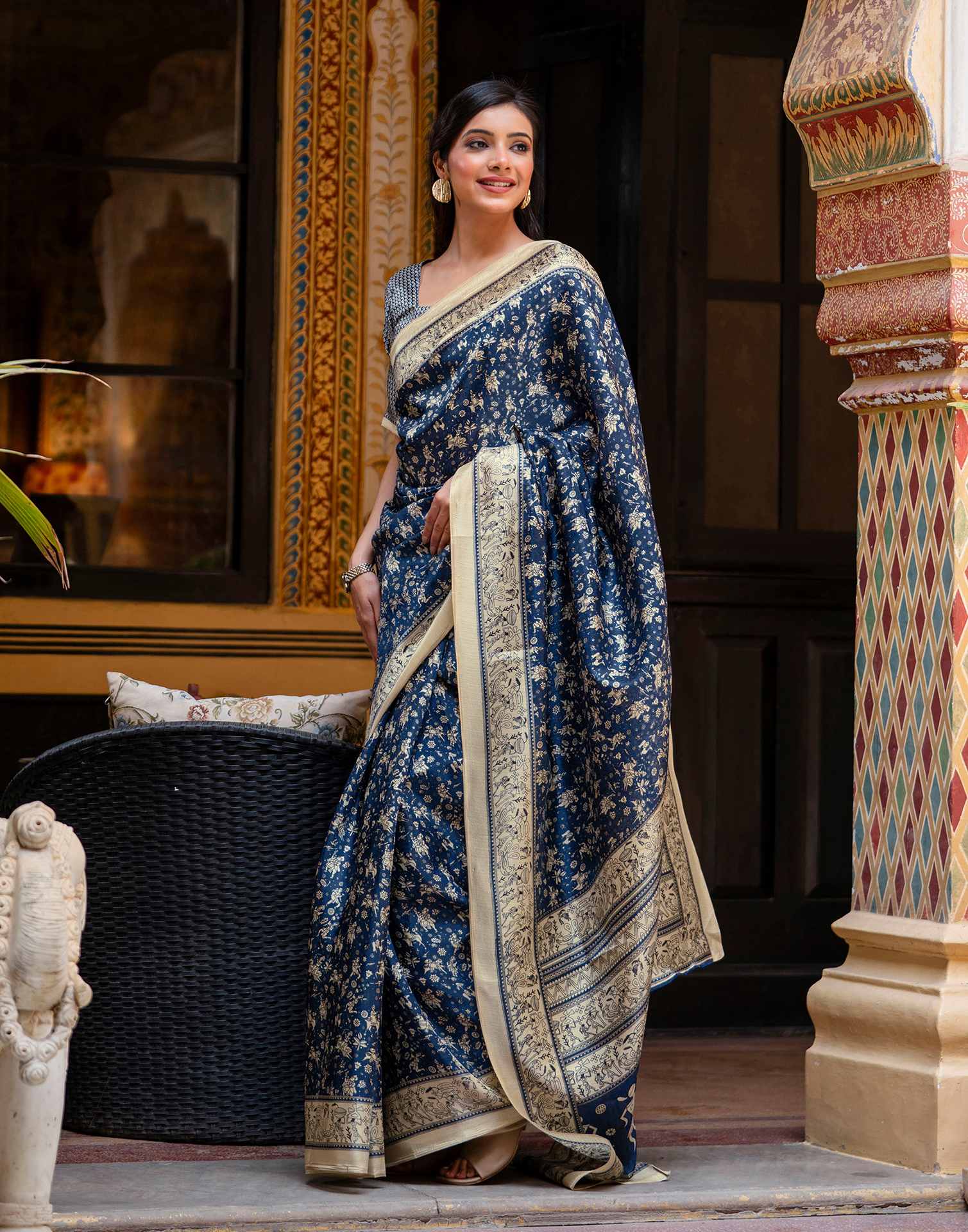 Navy Blue Khadi Warli Printed Saree