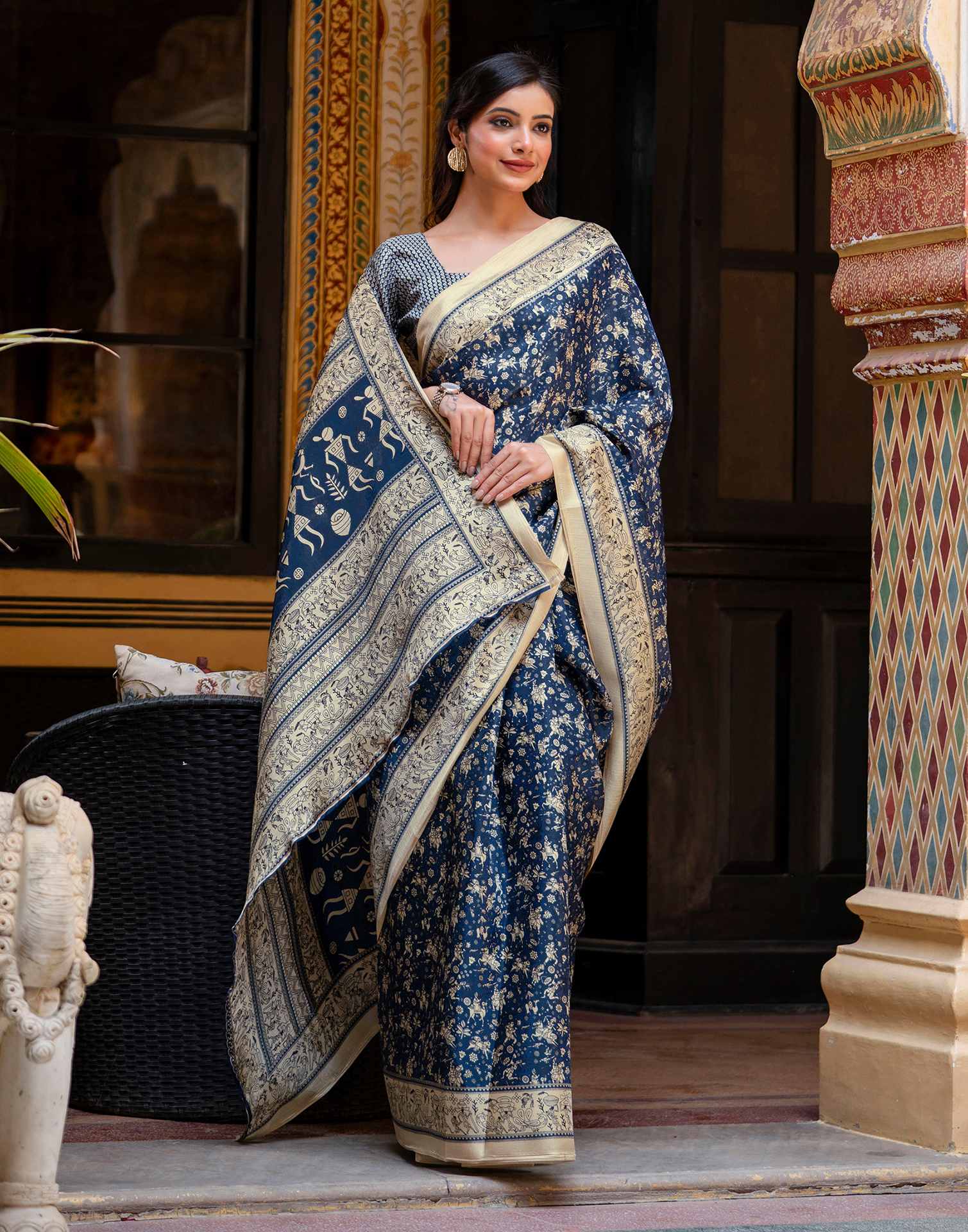 Navy Blue Khadi Warli Printed Saree