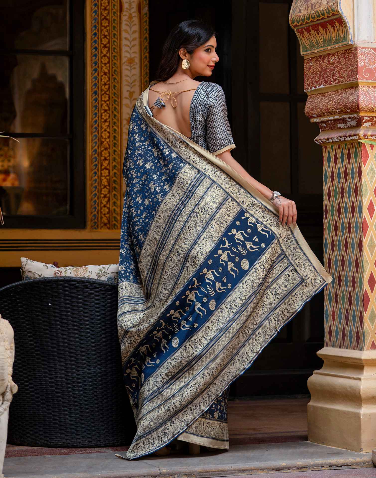 Navy Blue Khadi Warli Printed Saree