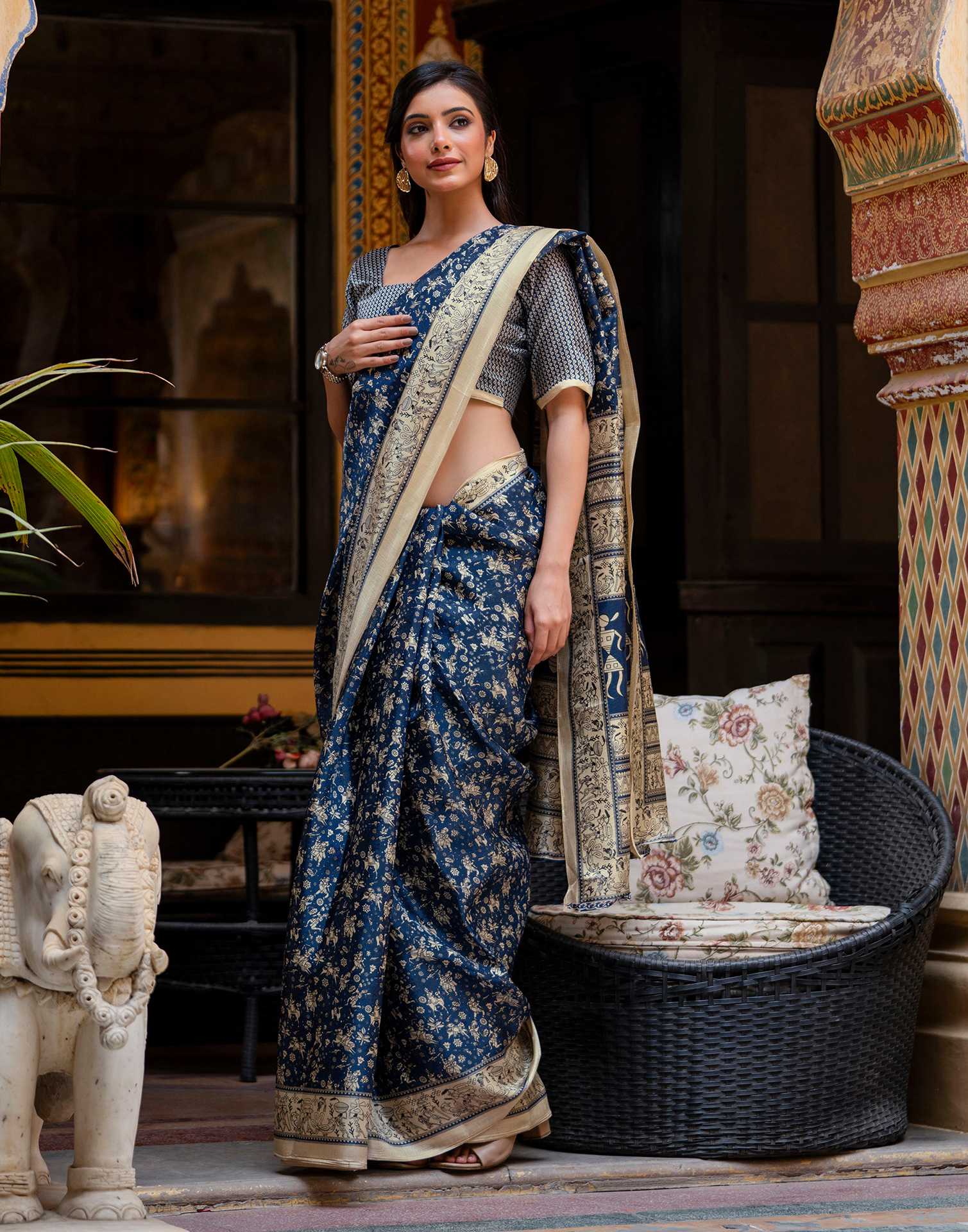 Navy Blue Khadi Warli Printed Saree