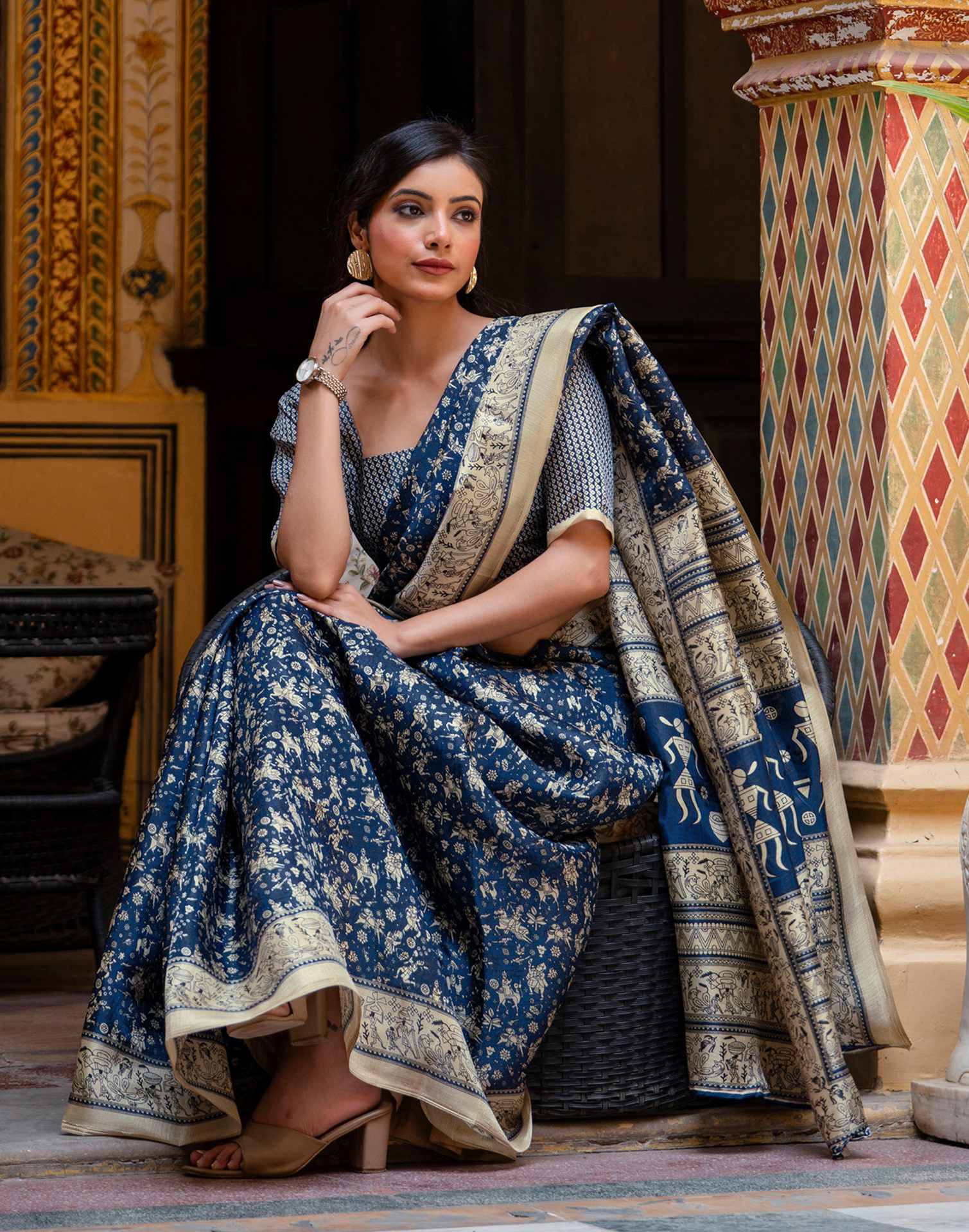 Navy Blue Khadi Warli Printed Saree