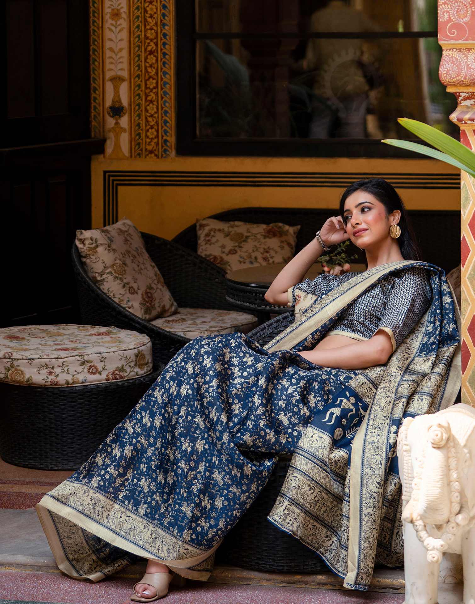 Navy Blue Khadi Warli Printed Saree