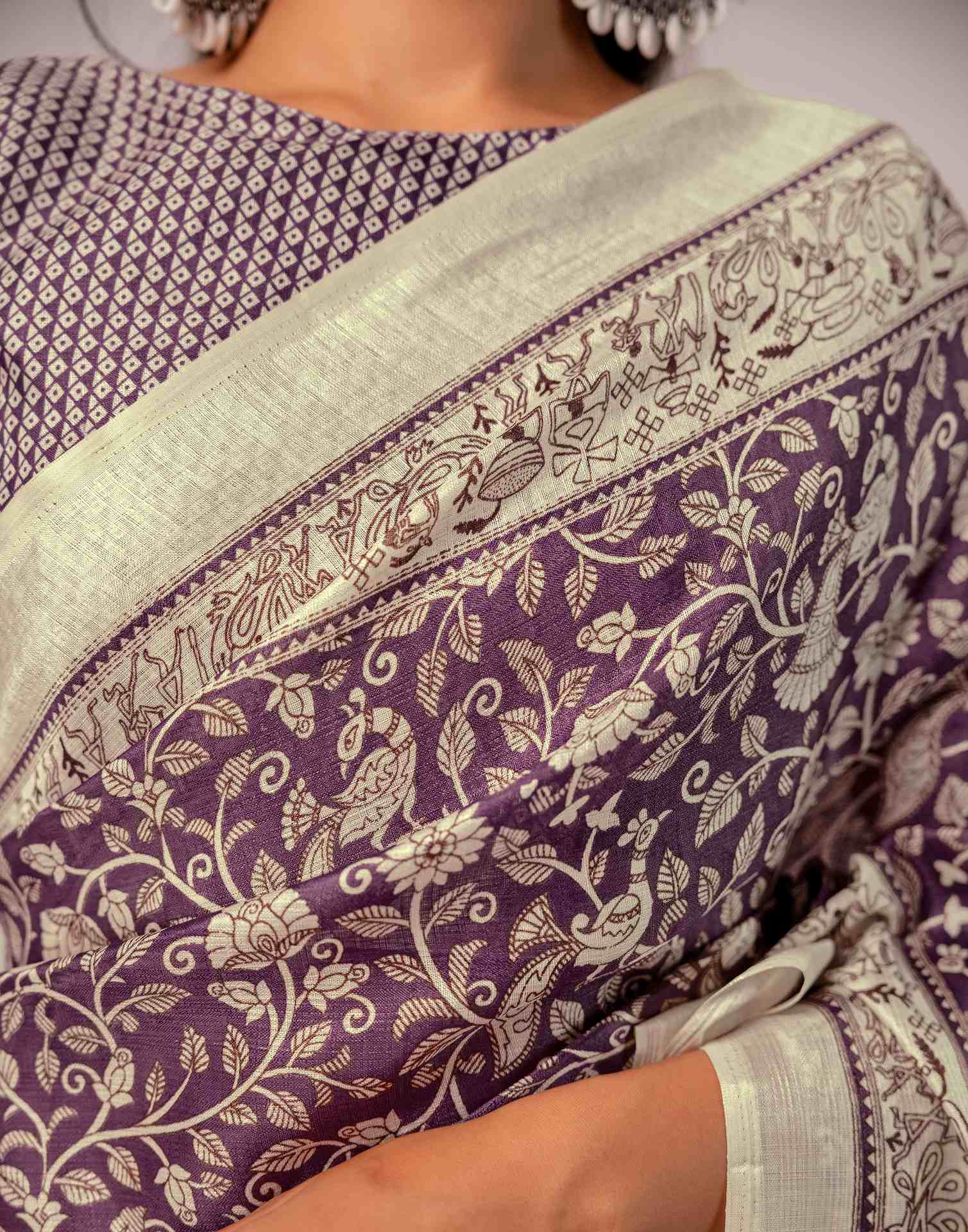 Purple Khadi Printed Warli Printed Saree