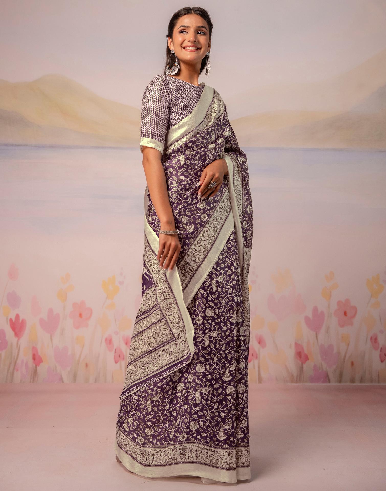 Purple Khadi Printed Warli Printed Saree