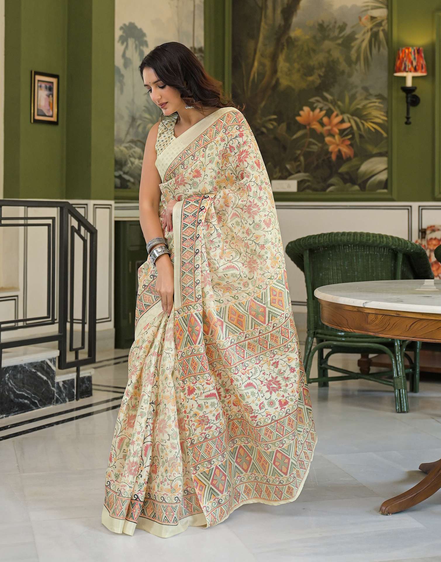 Beige Khadi Printed Saree