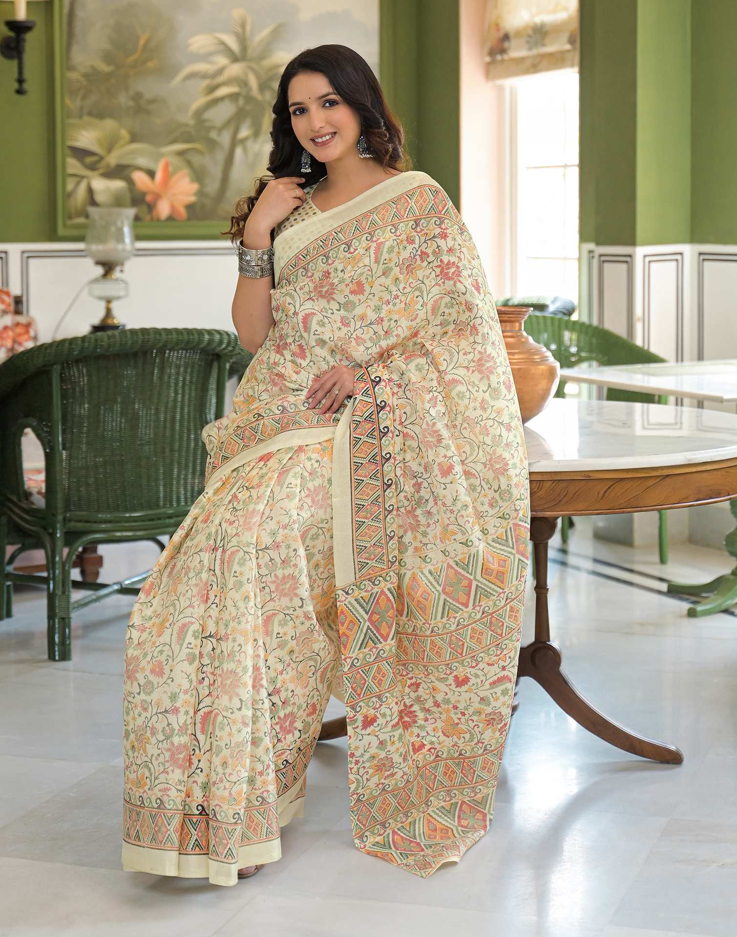 Beige Khadi Printed Saree