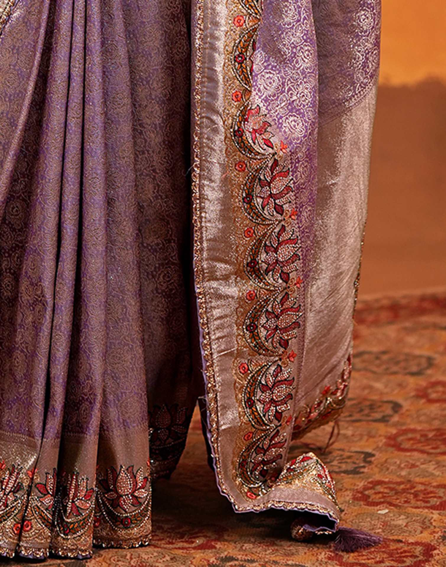 Light Purple Silk Woven Embroidery Stone Work Banarasi Saree