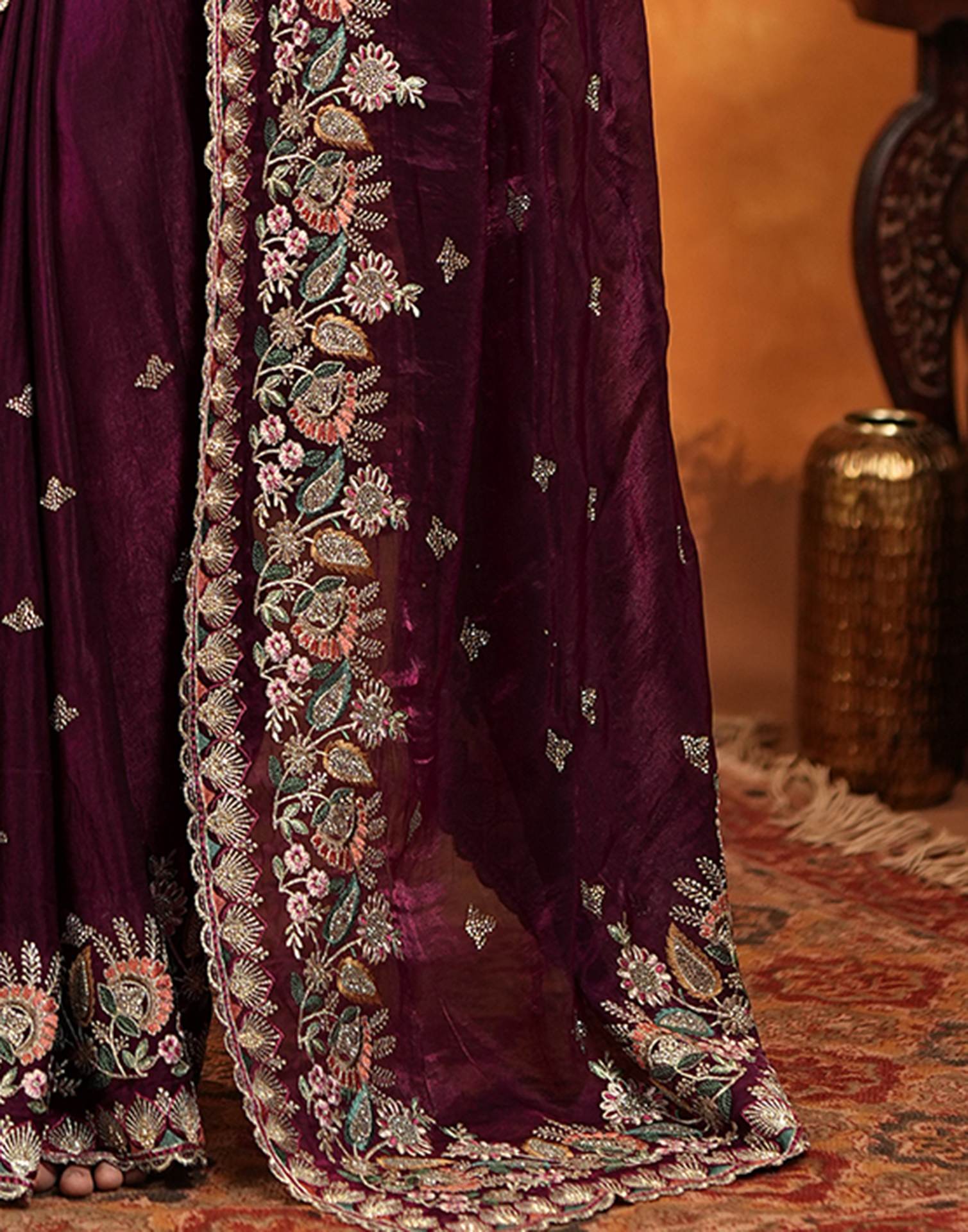 Wine Tissue Silk Stone Work Embroidery Saree