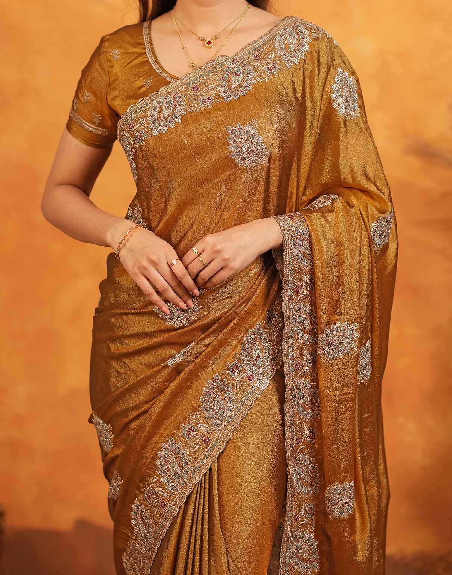 Dark Mustard Vichitra Silk Stone Work Embroidery Saree