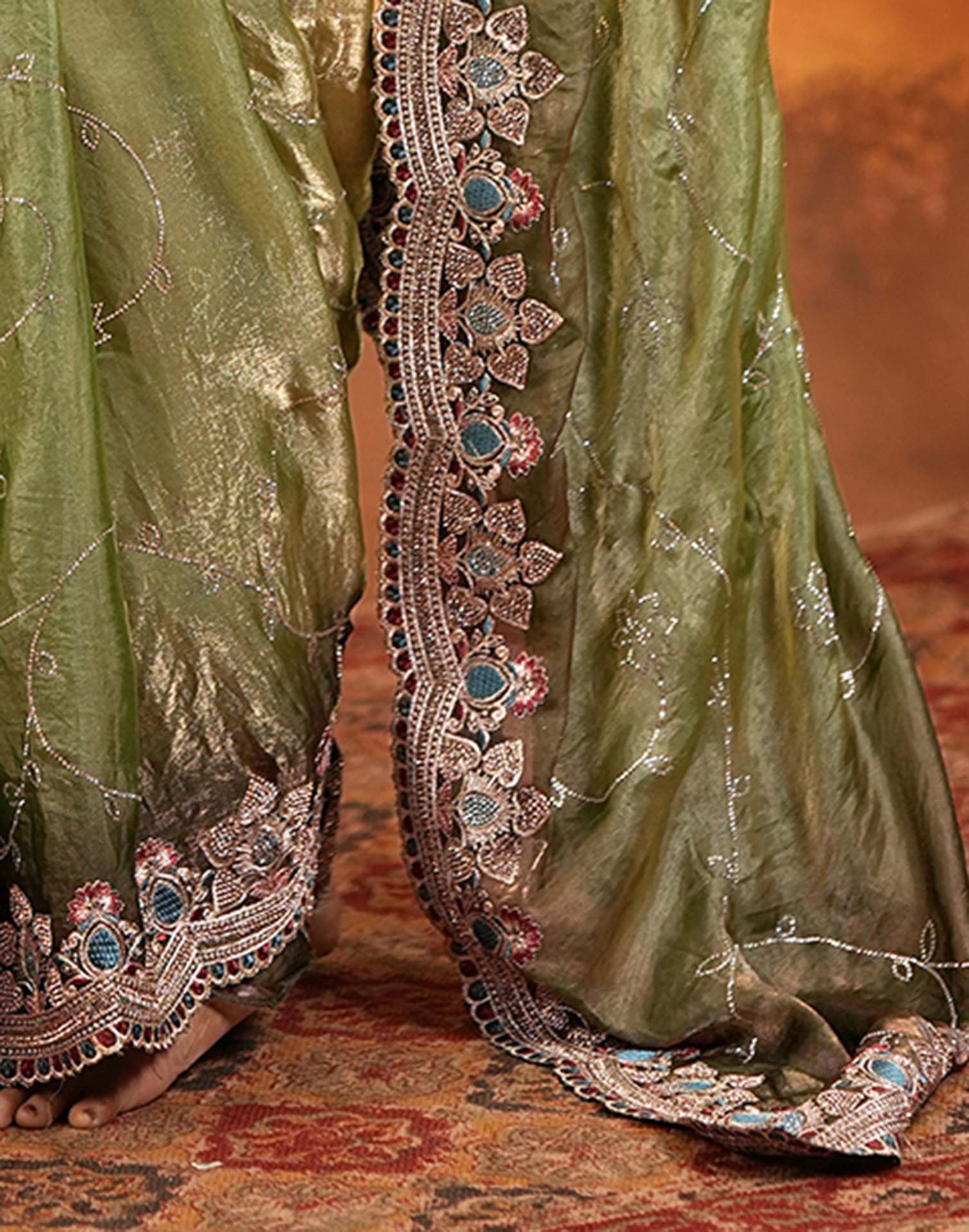 Light Green Tissue Silk Stone Work Embroidery Saree