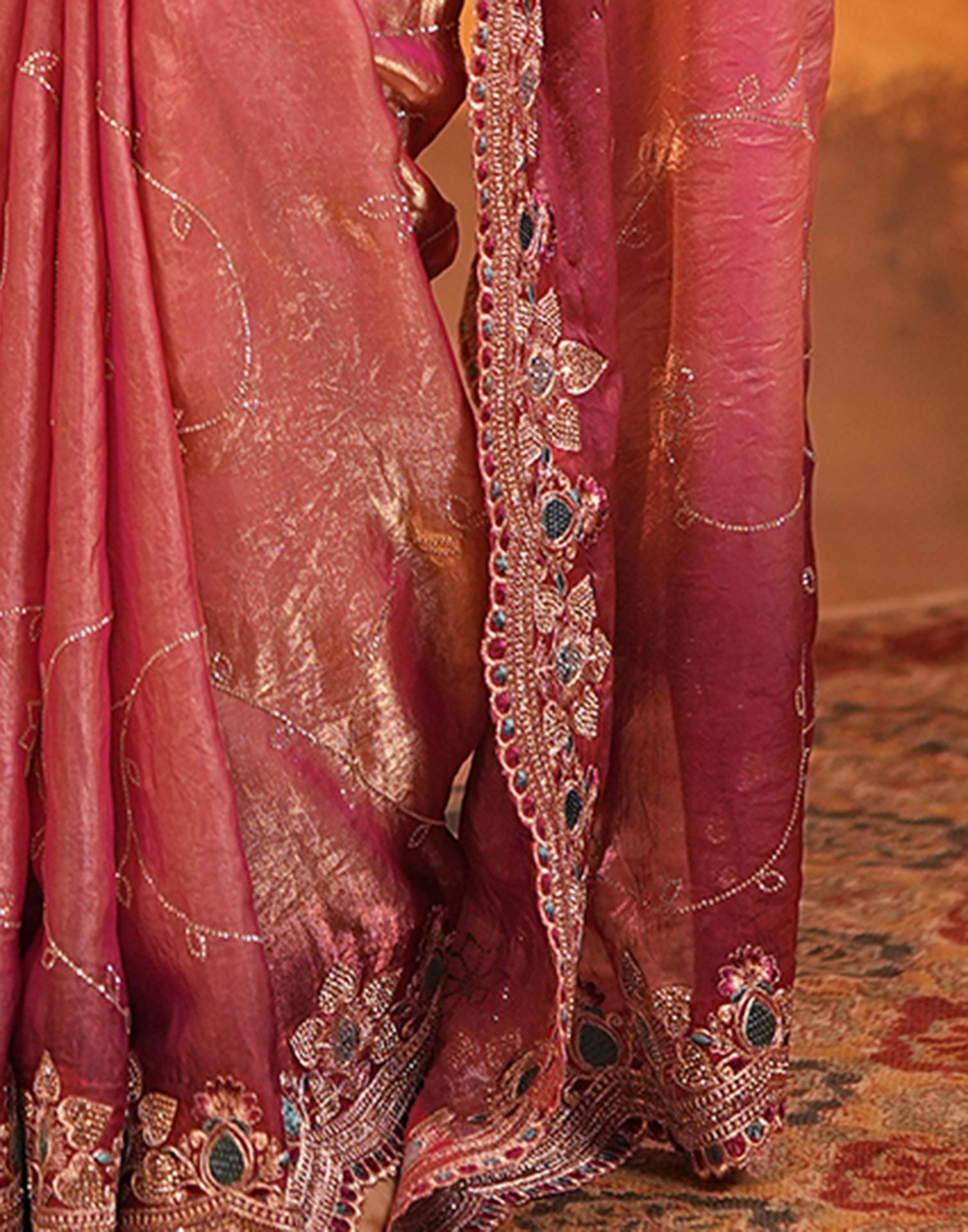Peach Tissue Silk Stone Work Embroidery Saree