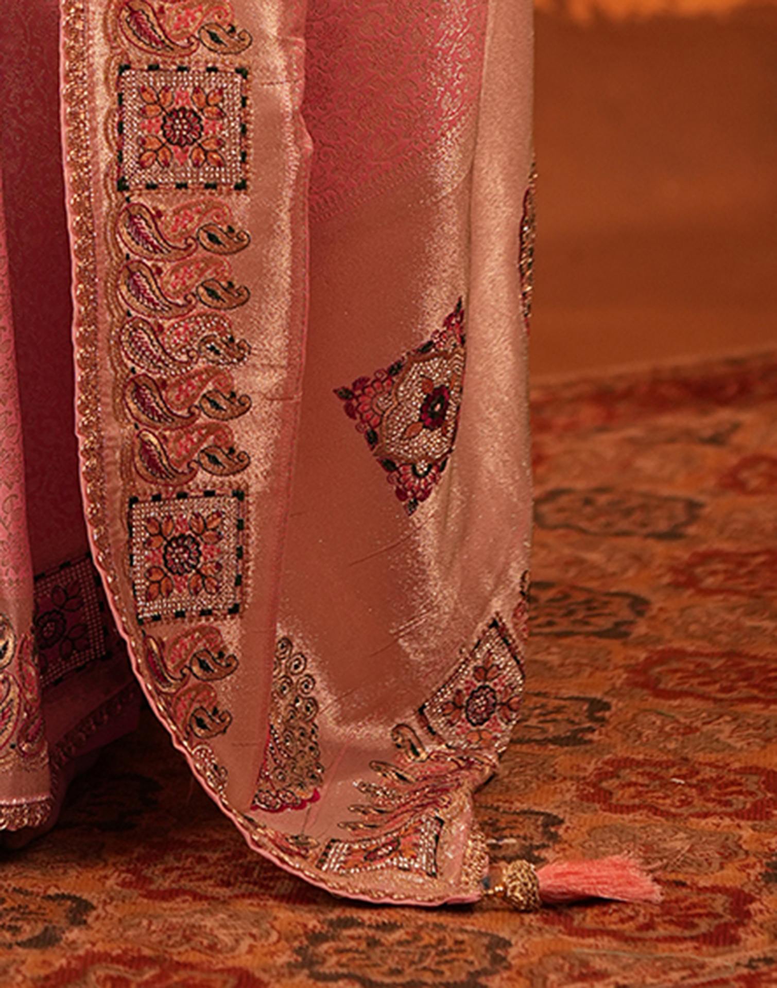 Light Pink Silk Woven Embroidery Stone Work Banarasi Saree