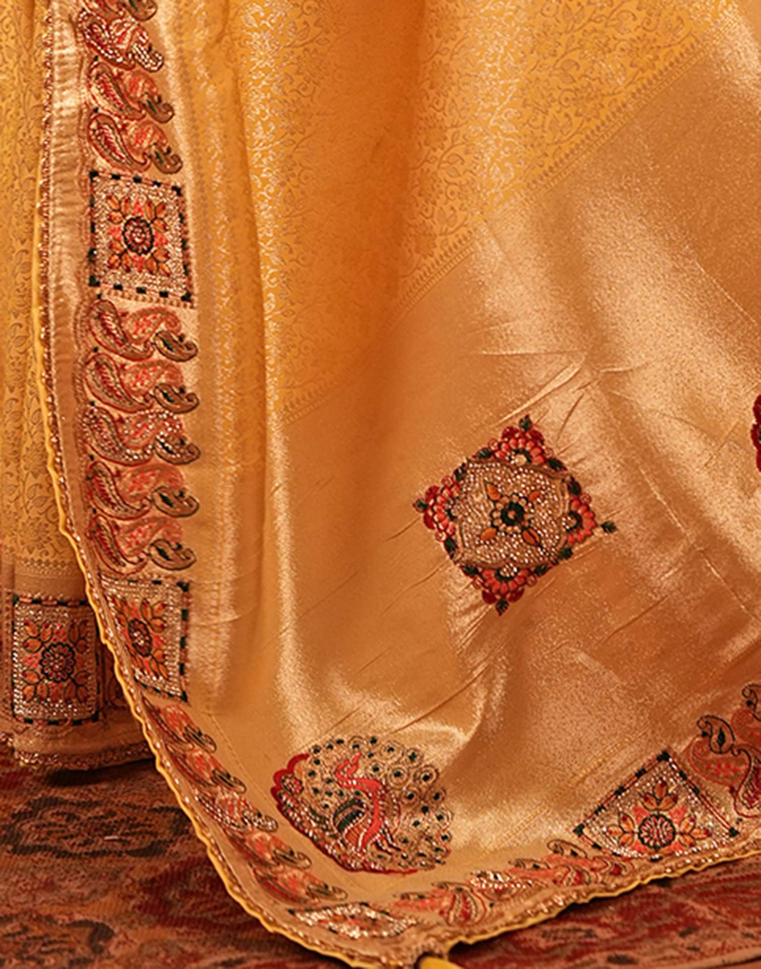 Light Yellow Silk Woven Embroidery Stone Work Banarasi Saree