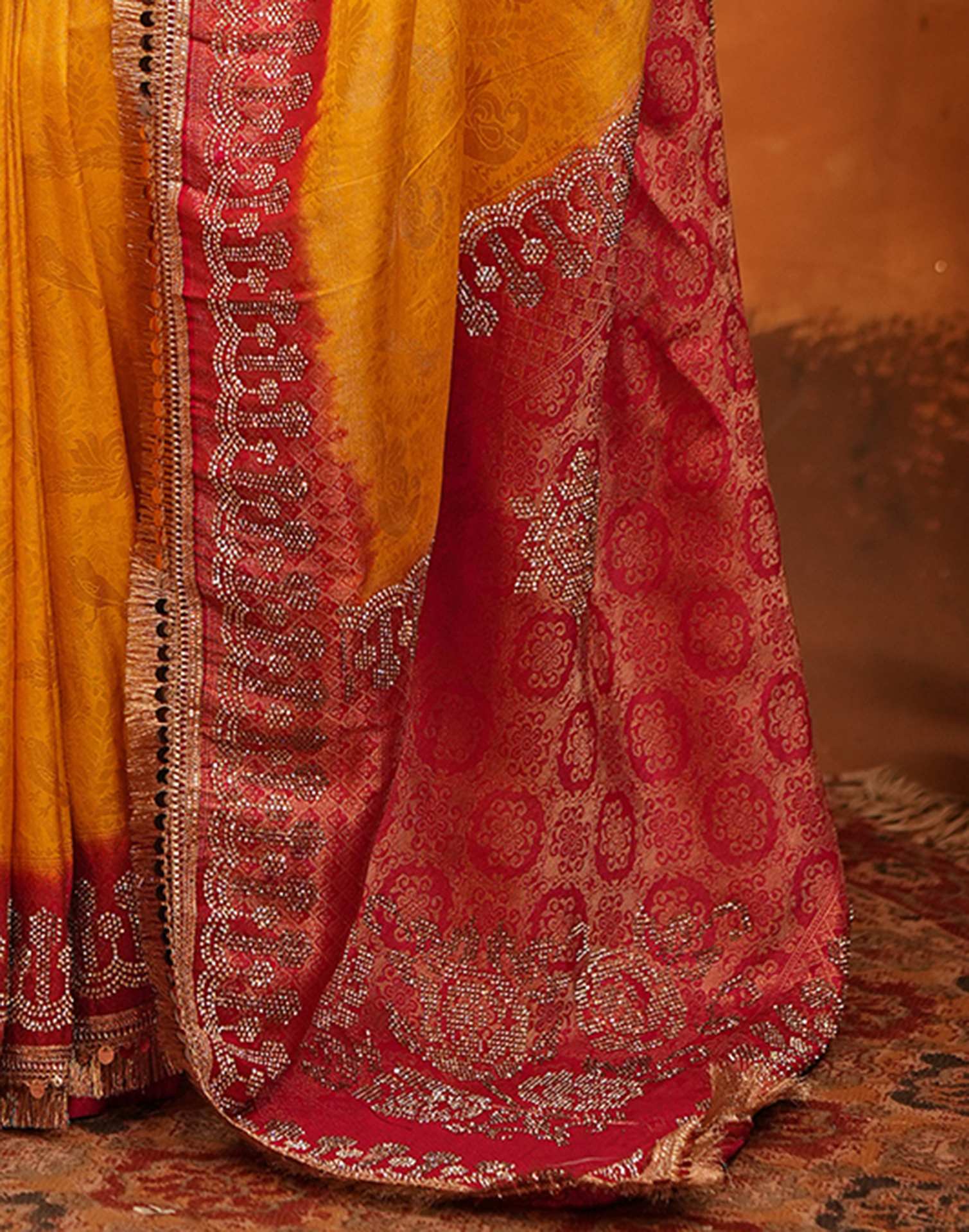 Yellow Silk Woven Stone Work Banarasi Saree