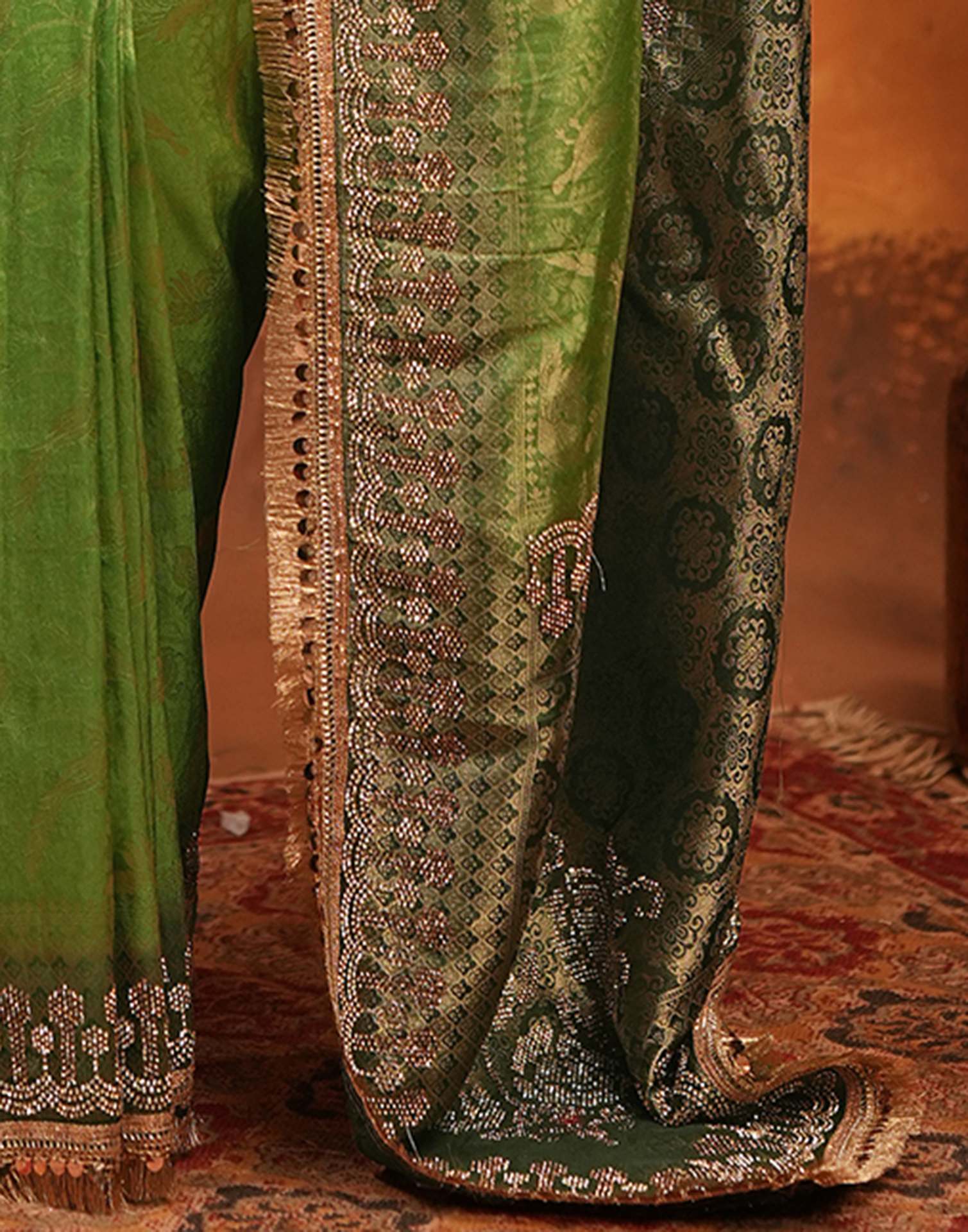 Parrot Green Silk Woven Stone Work Banarasi Saree