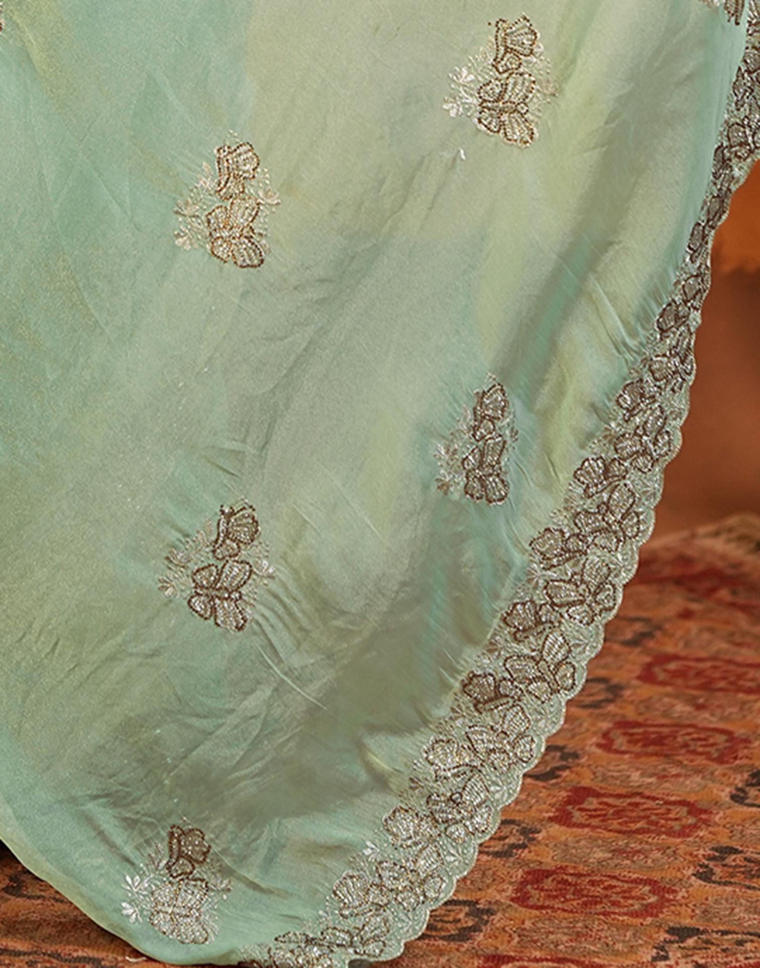 Light Mint Green Shimmer Silk Stone Work Embroidery Saree