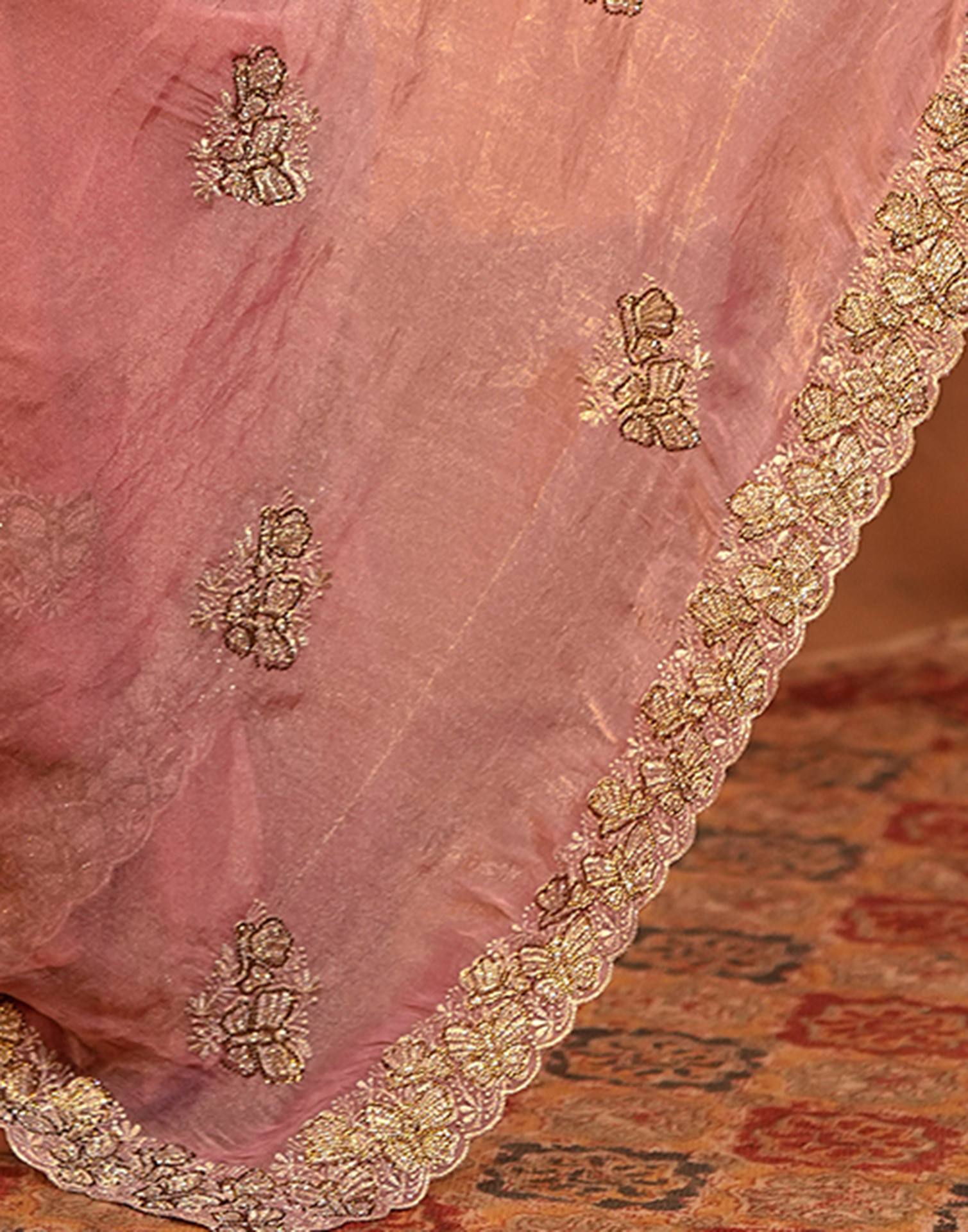 Coral Pink Shimmer Silk Stone Work Embroidery Saree