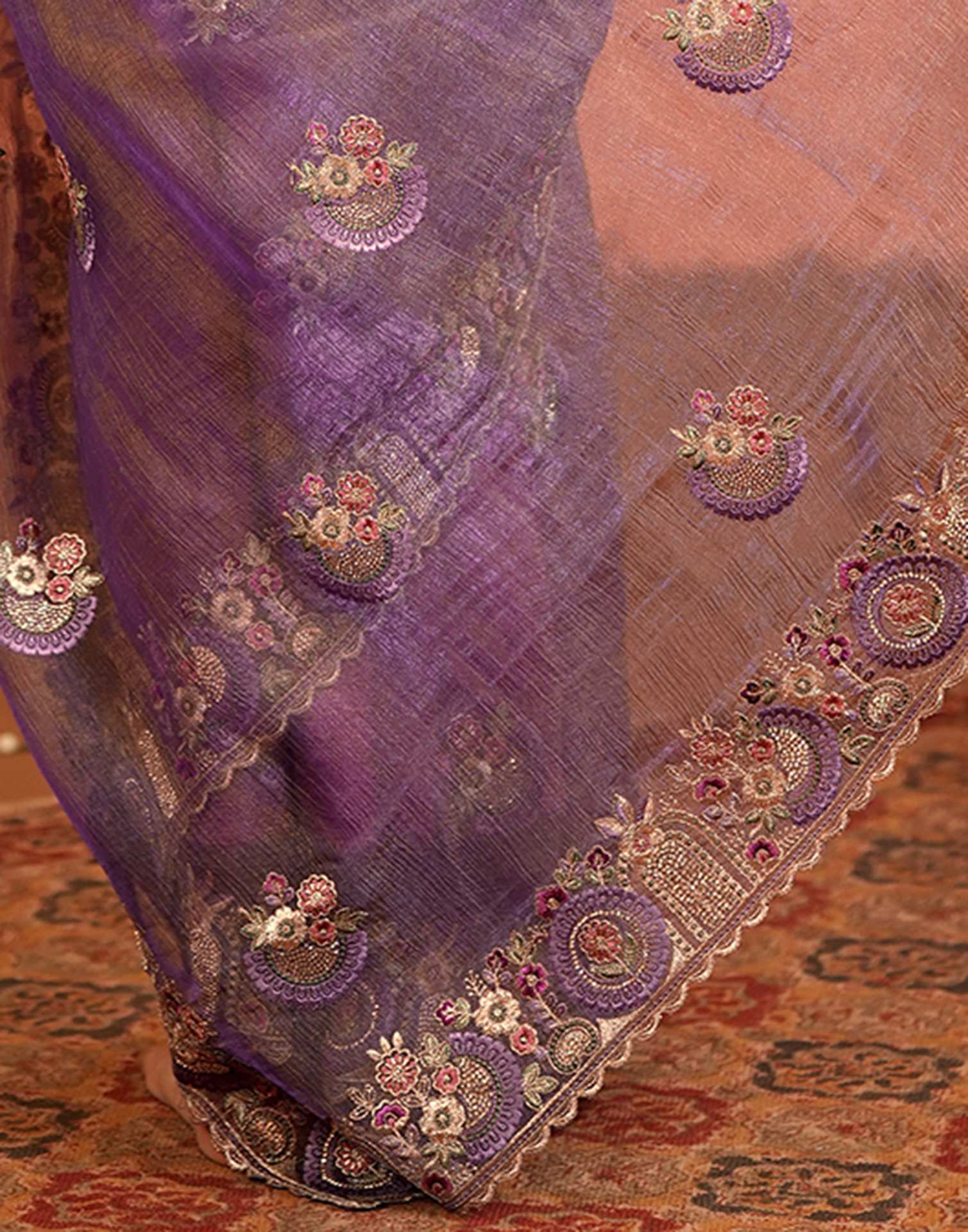 Purple Crush Tissue Stone Work Embroidery Saree