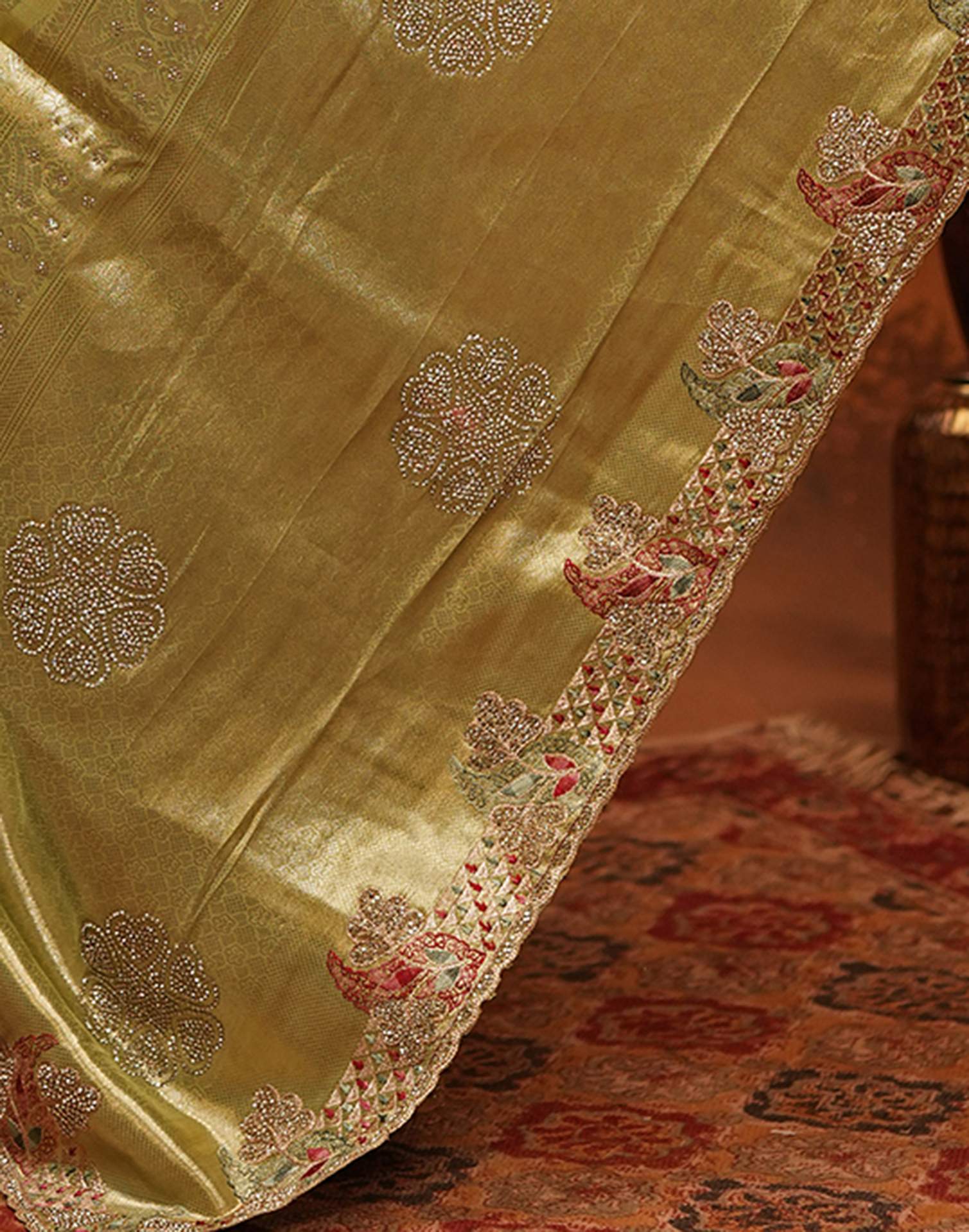 Lime Yellow Silk Woven Embroidery Stone Work Banarasi Saree