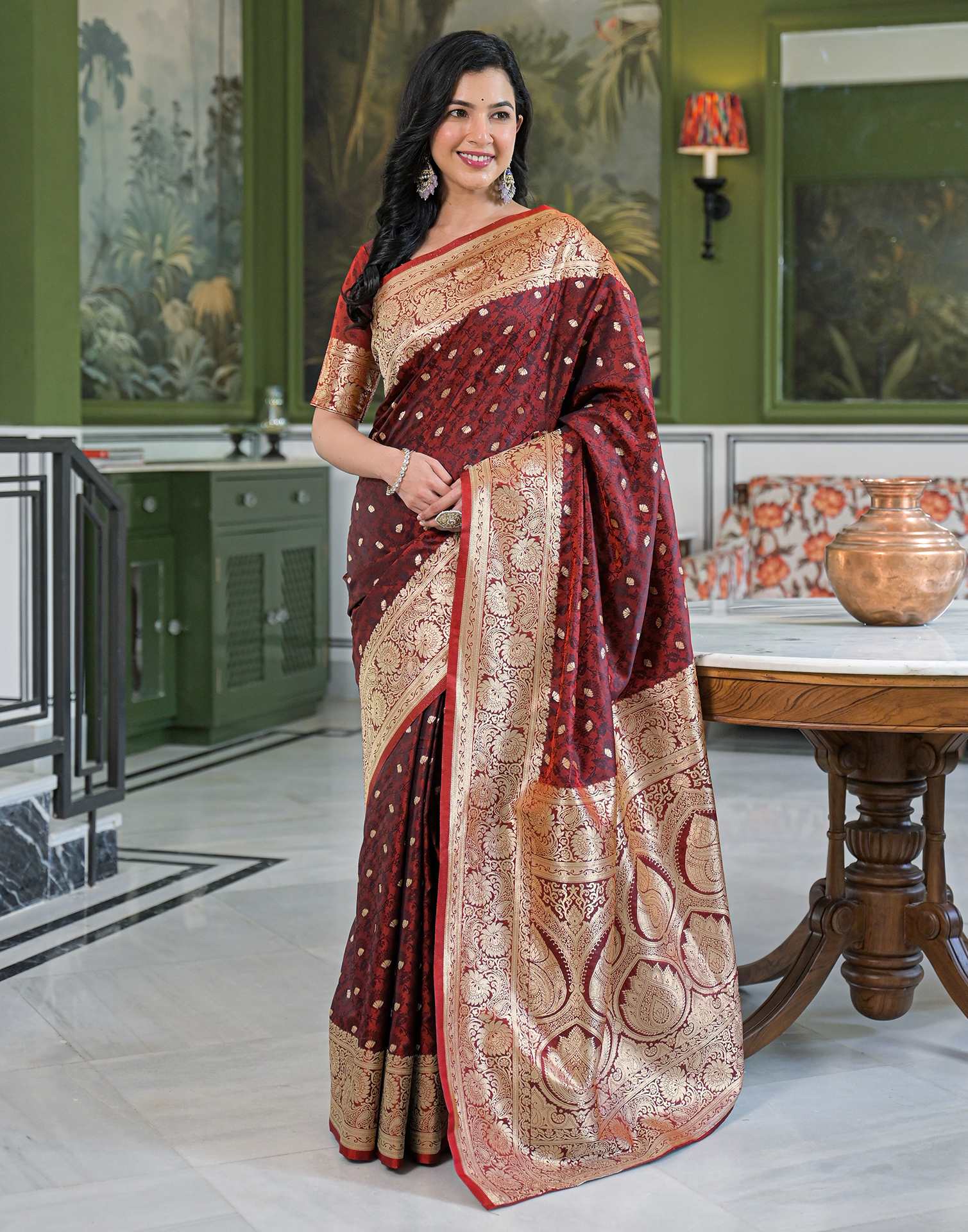 Maroon Silk Woven Banarasi Saree