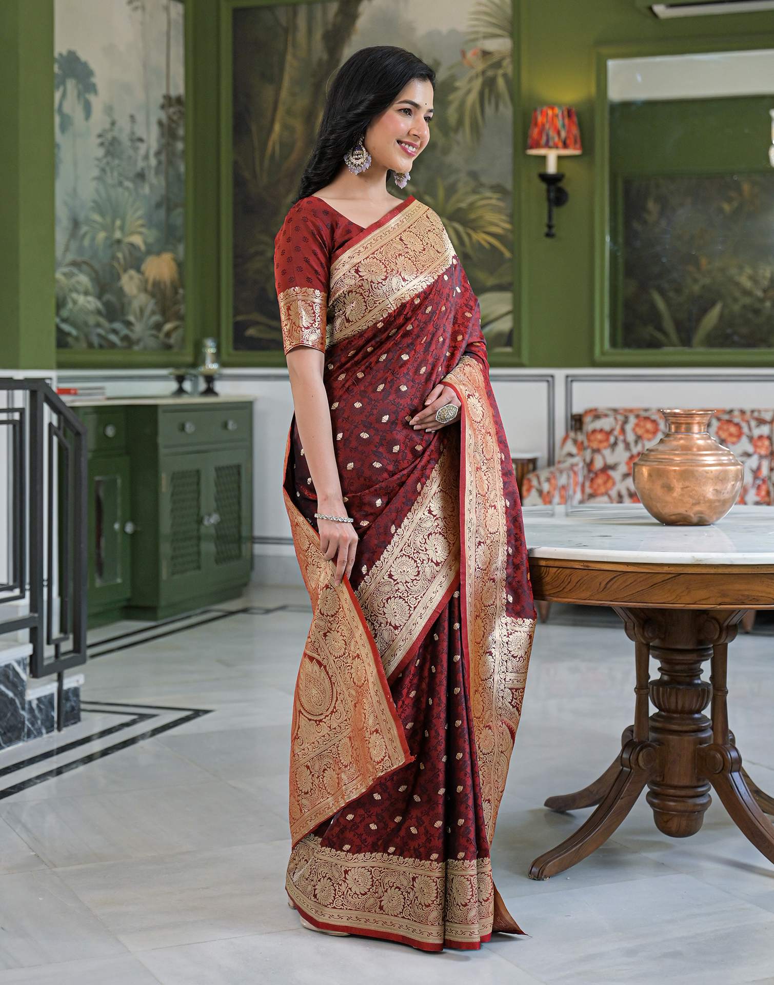 Maroon Silk Woven Banarasi Saree