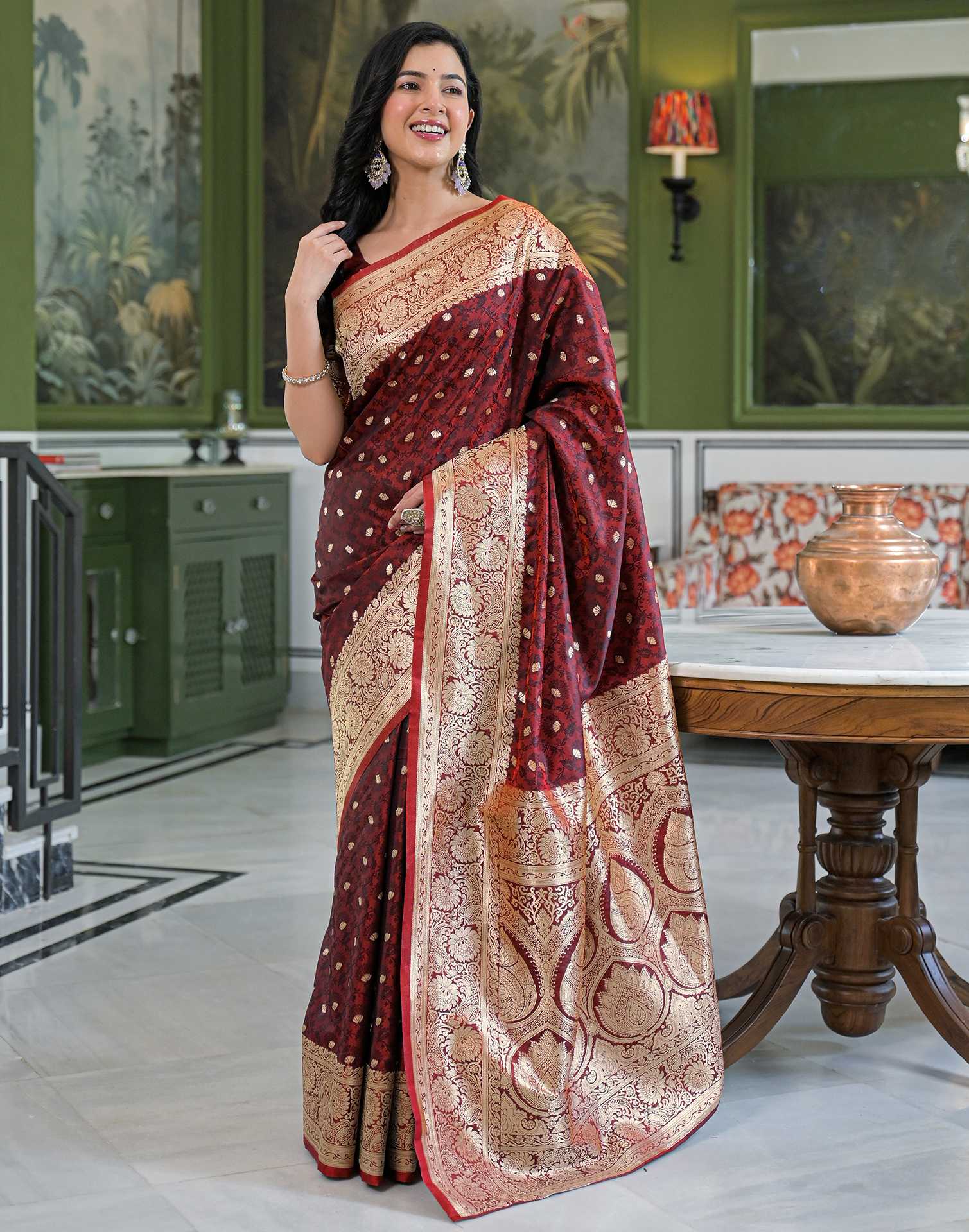 Maroon Silk Woven Banarasi Saree