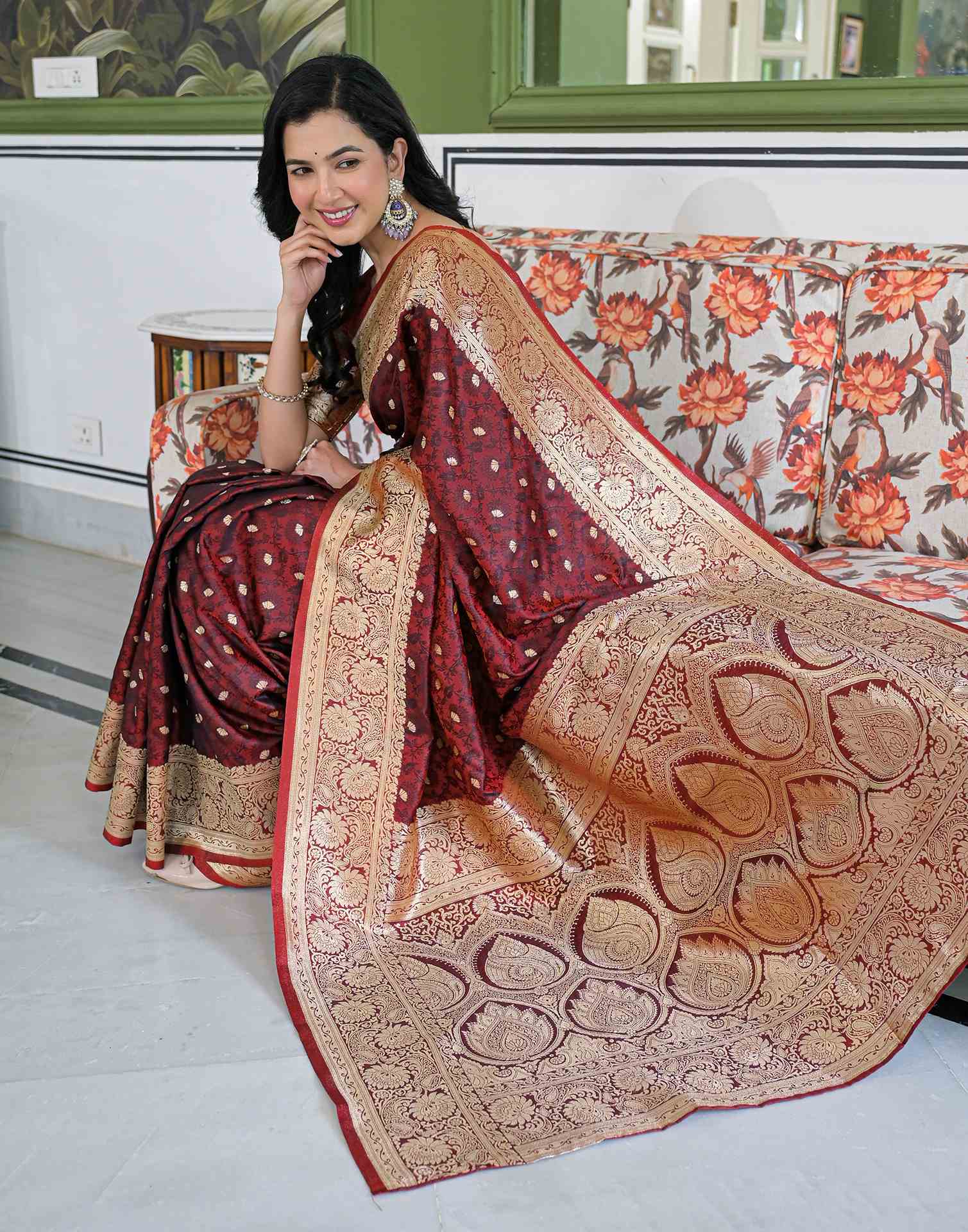 Maroon Silk Woven Banarasi Saree
