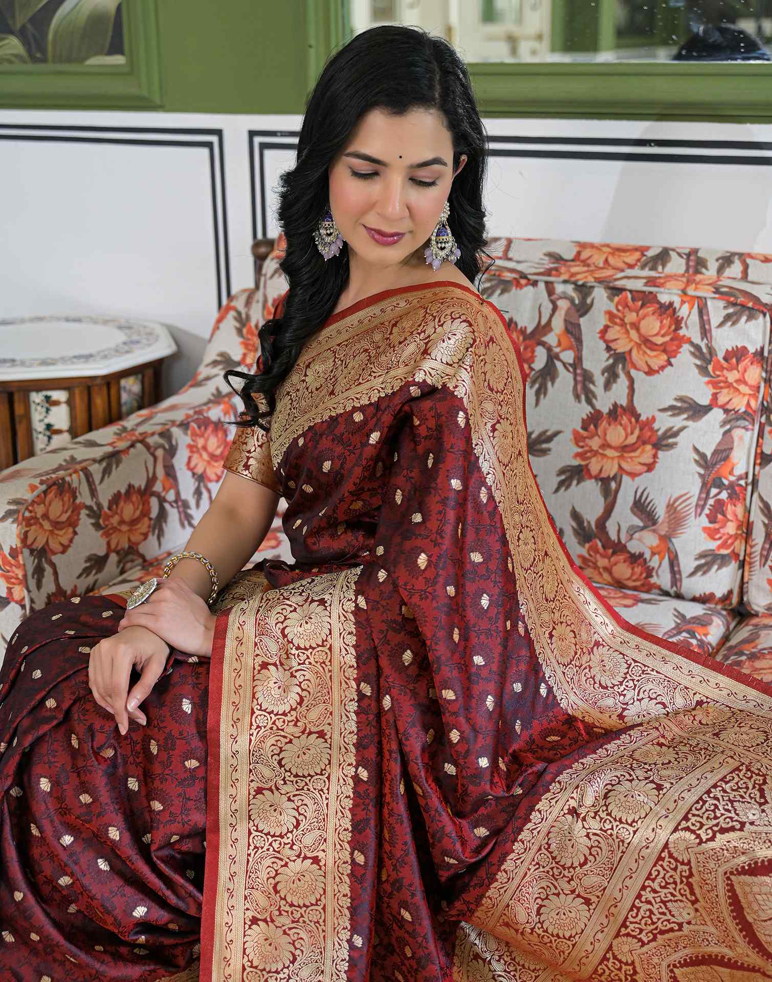 Maroon Silk Woven Banarasi Saree