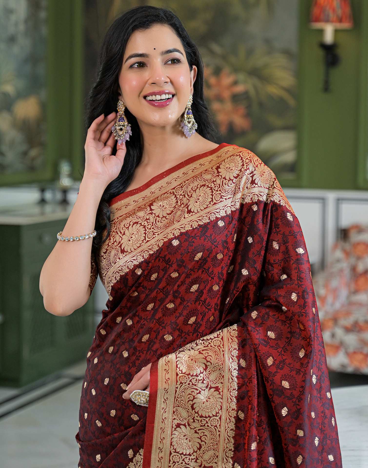 Maroon Silk Woven Banarasi Saree