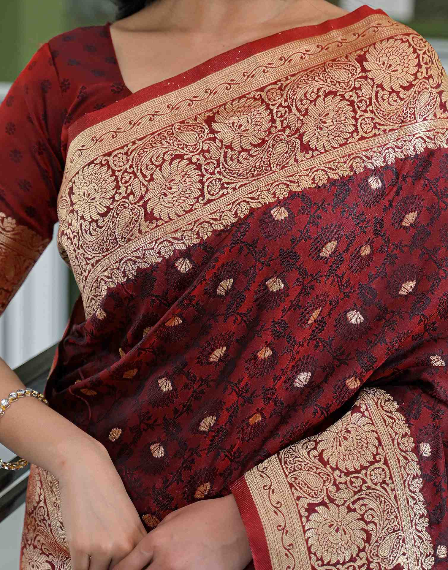 Maroon Silk Woven Banarasi Saree