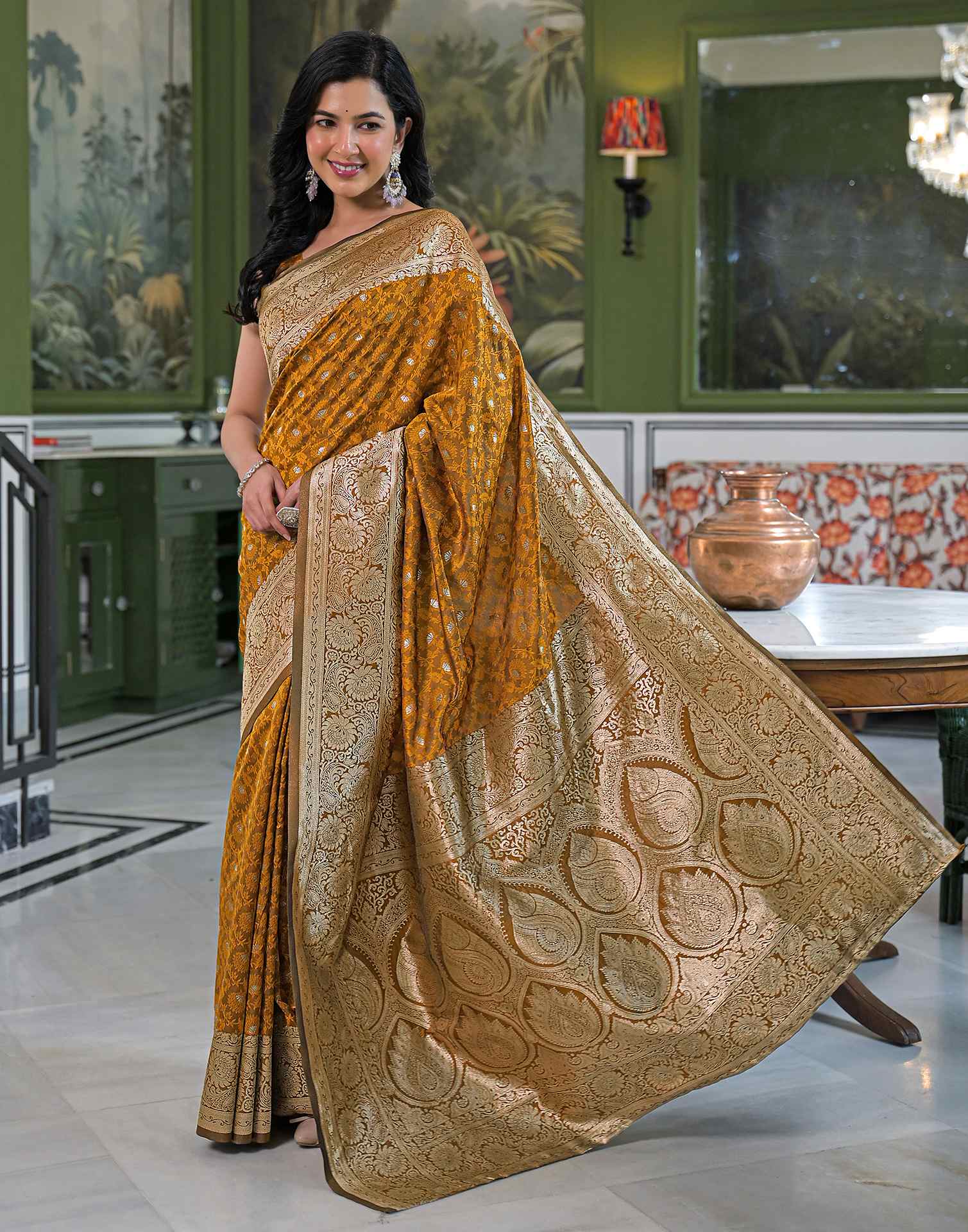 Dusty Mustard Silk Woven Banarasi Saree