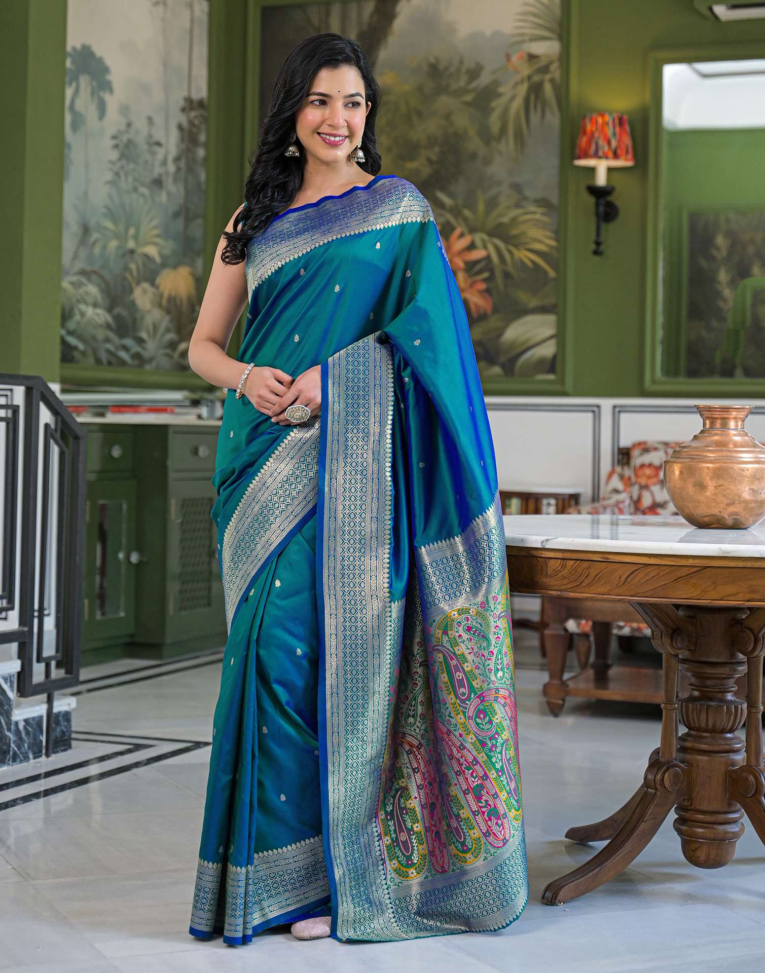 Teal Blue Silk Woven Banarasi Saree