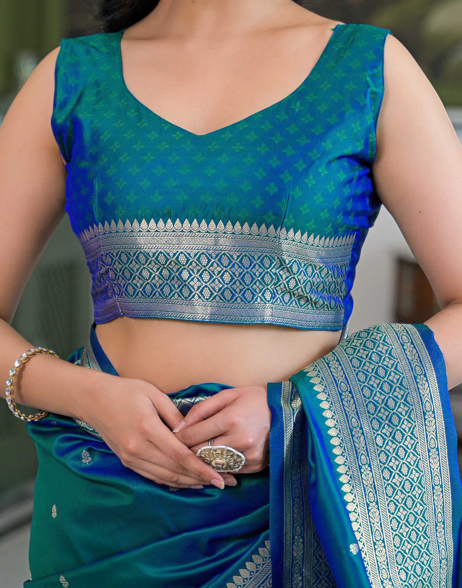 Teal Blue Silk Woven Banarasi Saree