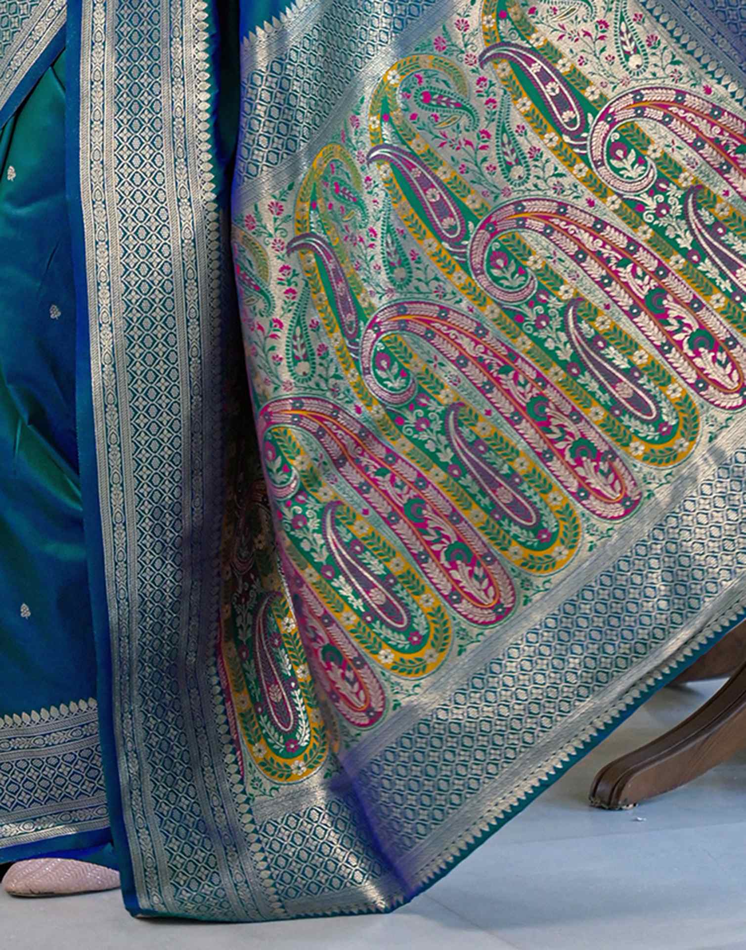 Teal Blue Silk Woven Banarasi Saree
