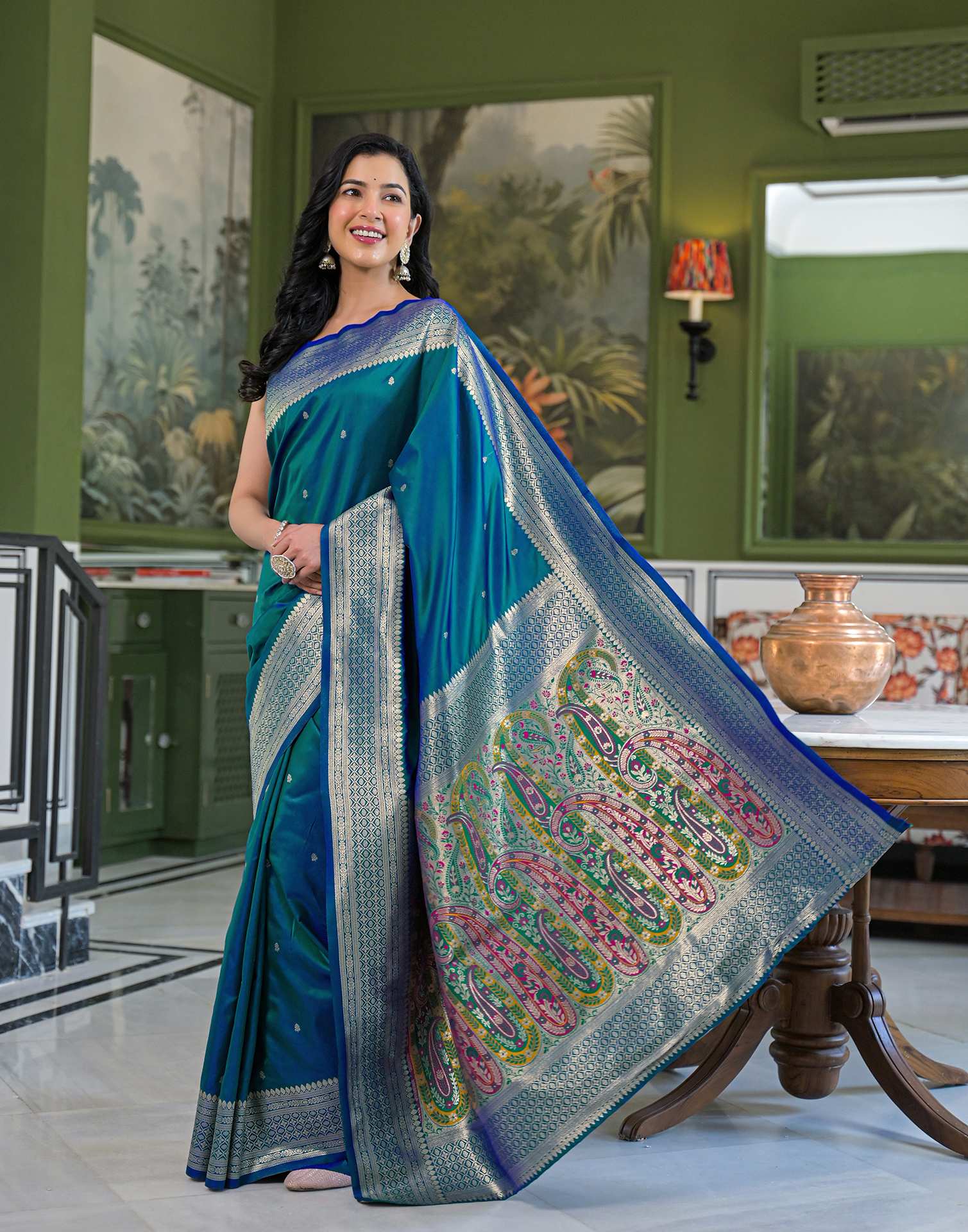 Teal Blue Silk Woven Banarasi Saree