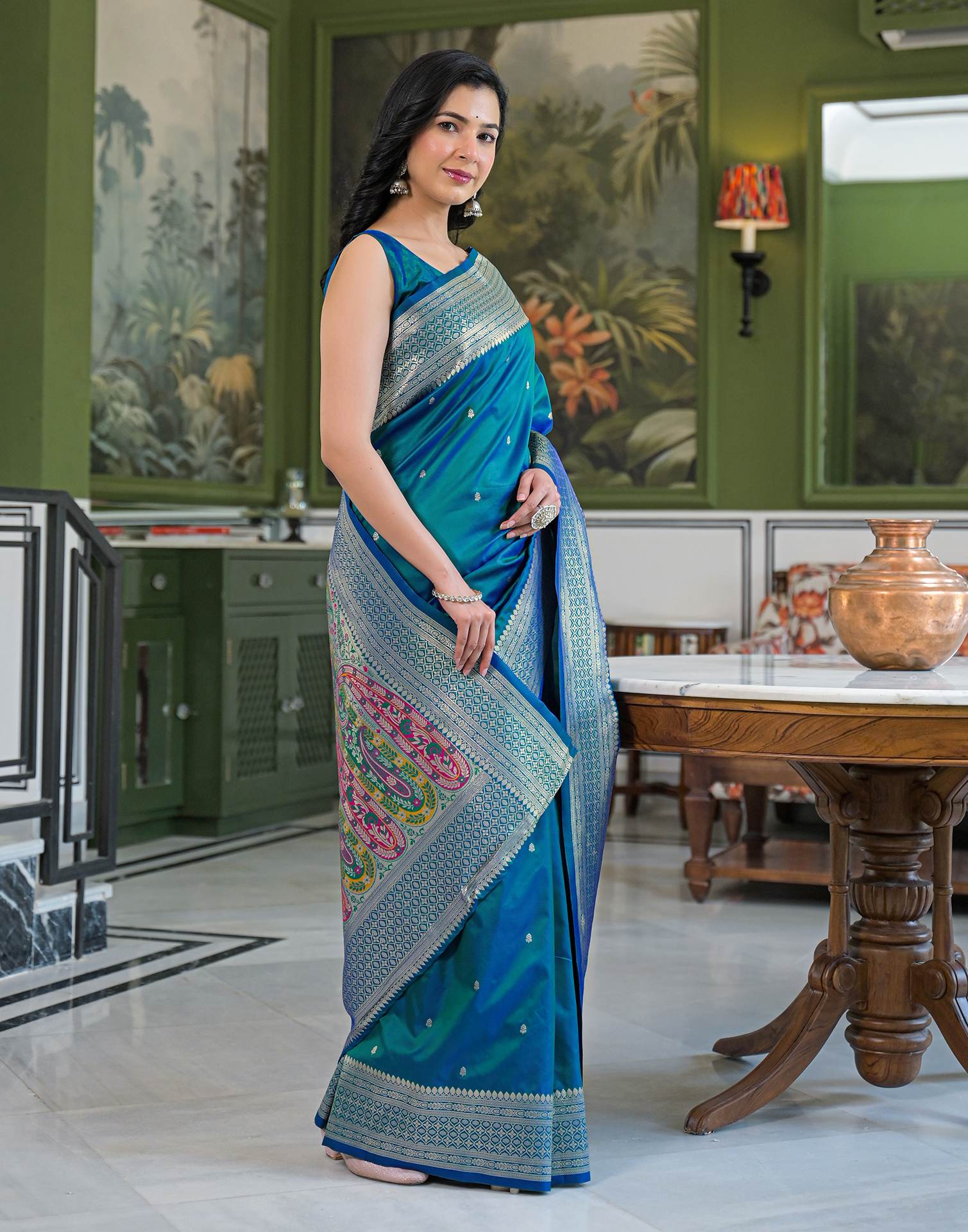 Teal Blue Silk Woven Banarasi Saree