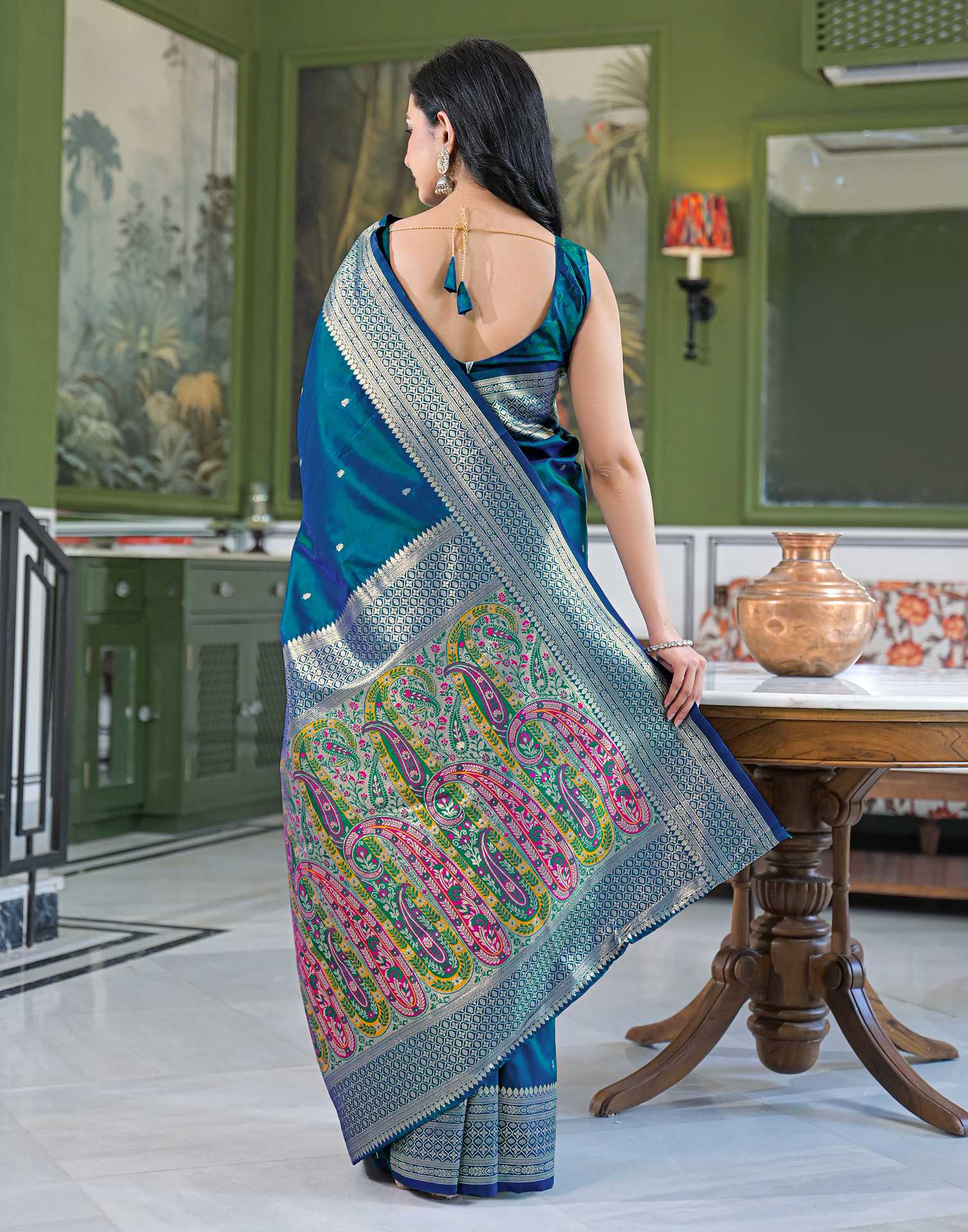 Teal Blue Silk Woven Banarasi Saree