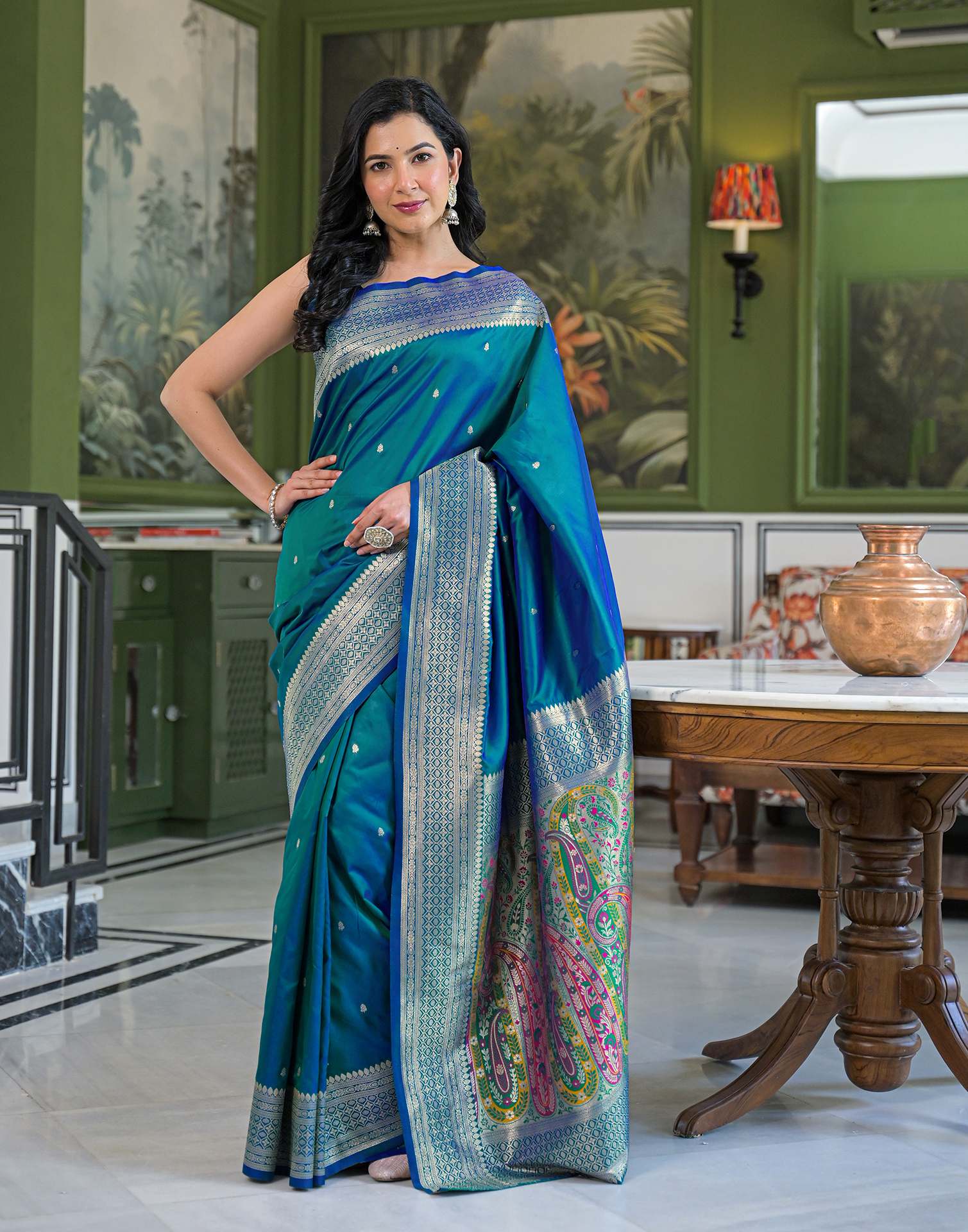 Teal Blue Silk Woven Banarasi Saree