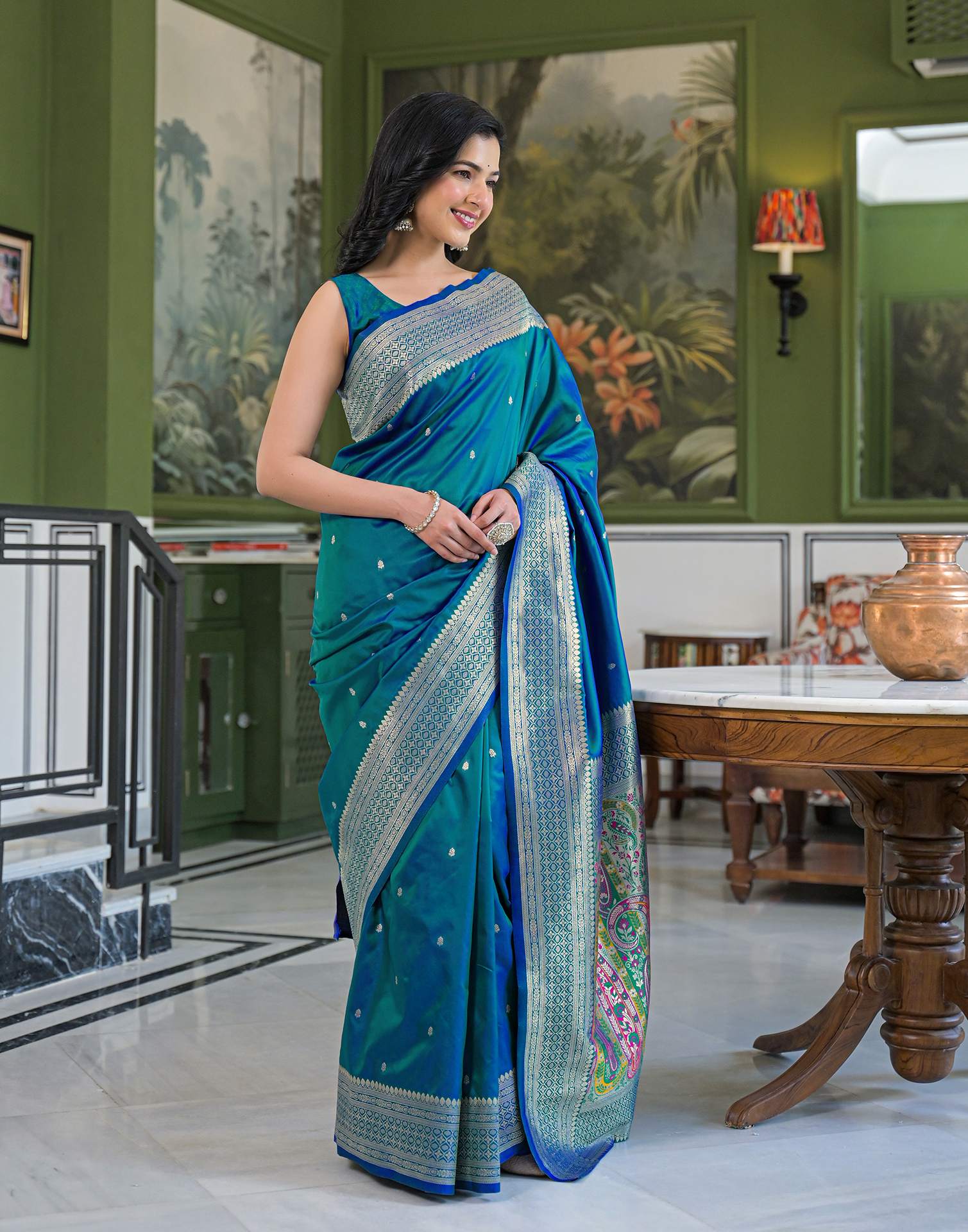 Teal Blue Silk Woven Banarasi Saree
