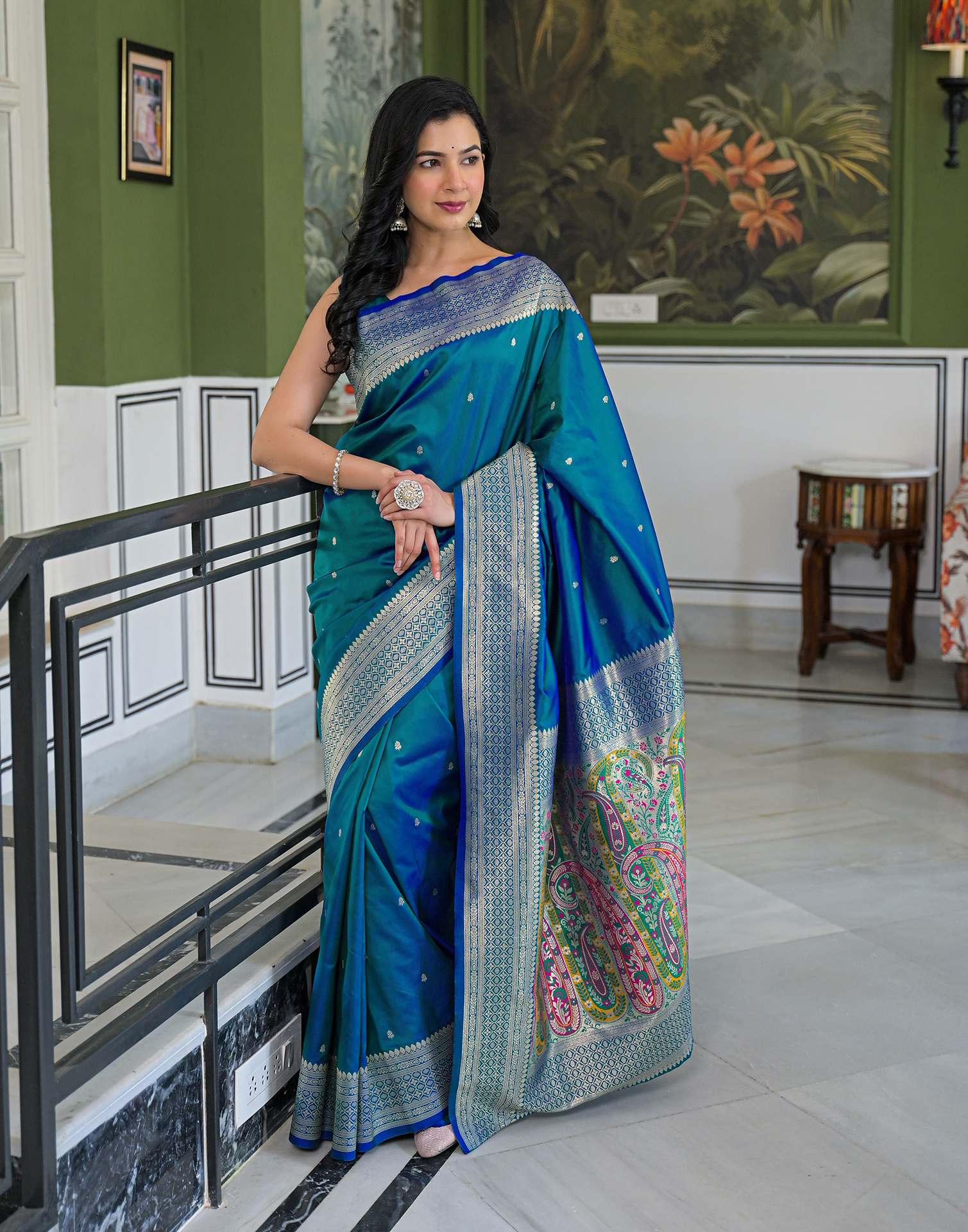 Teal Blue Silk Woven Banarasi Saree