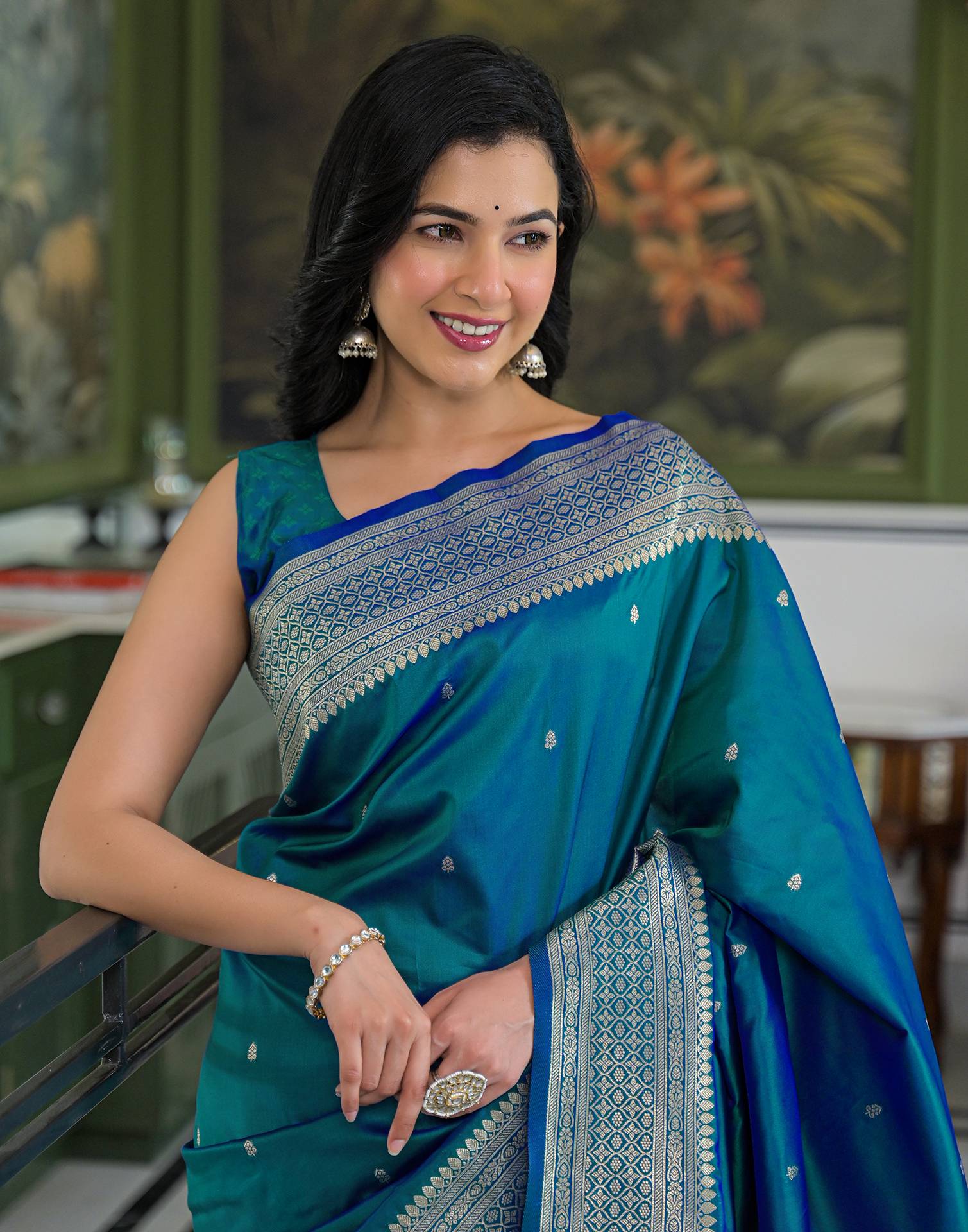 Teal Blue Silk Woven Banarasi Saree
