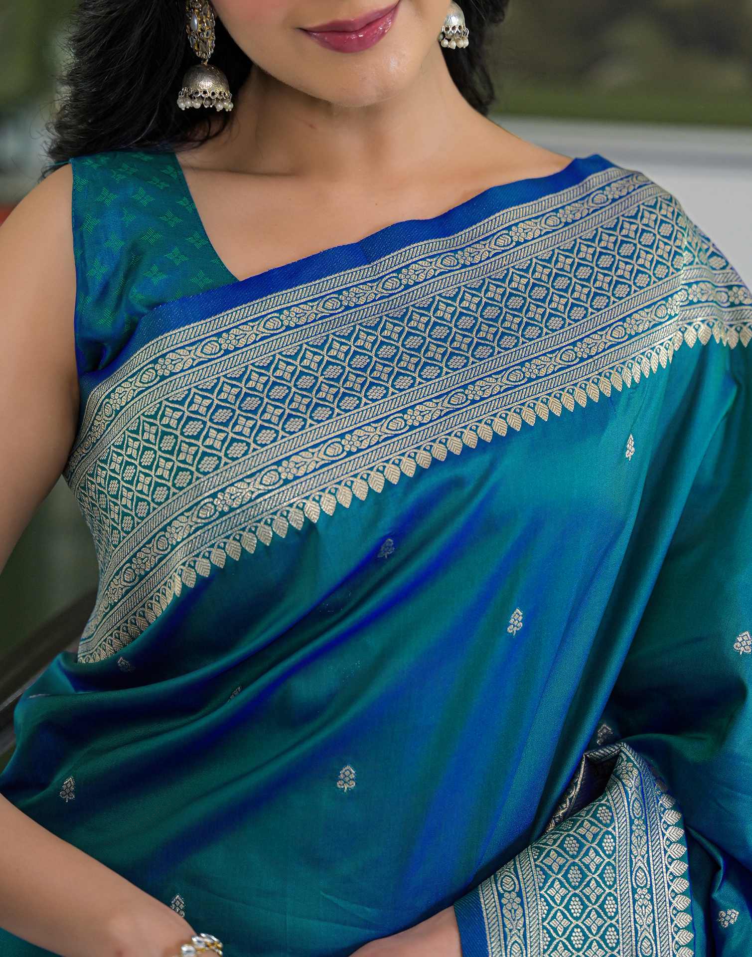 Teal Blue Silk Woven Banarasi Saree