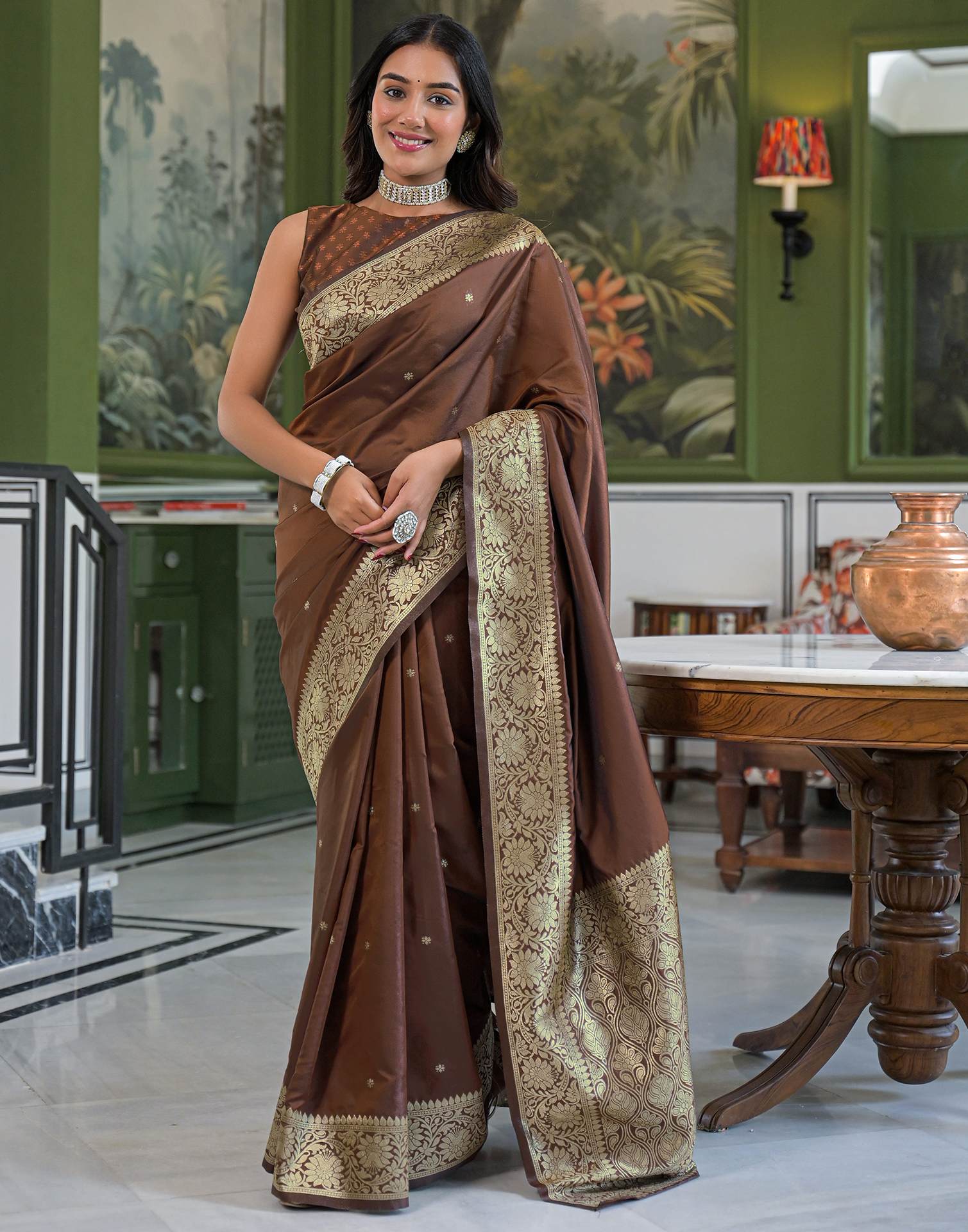 Dark Brown Silk Woven Banarasi Saree