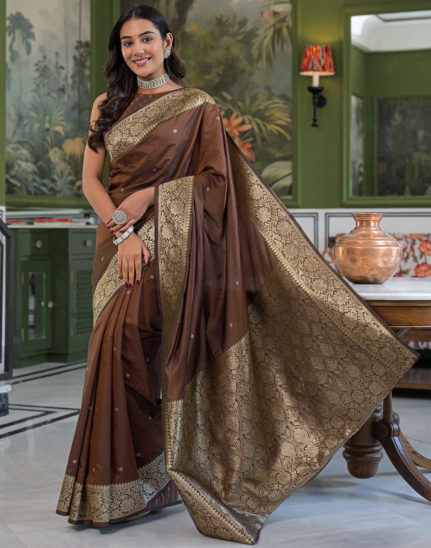 Dark Brown Silk Woven Banarasi Saree