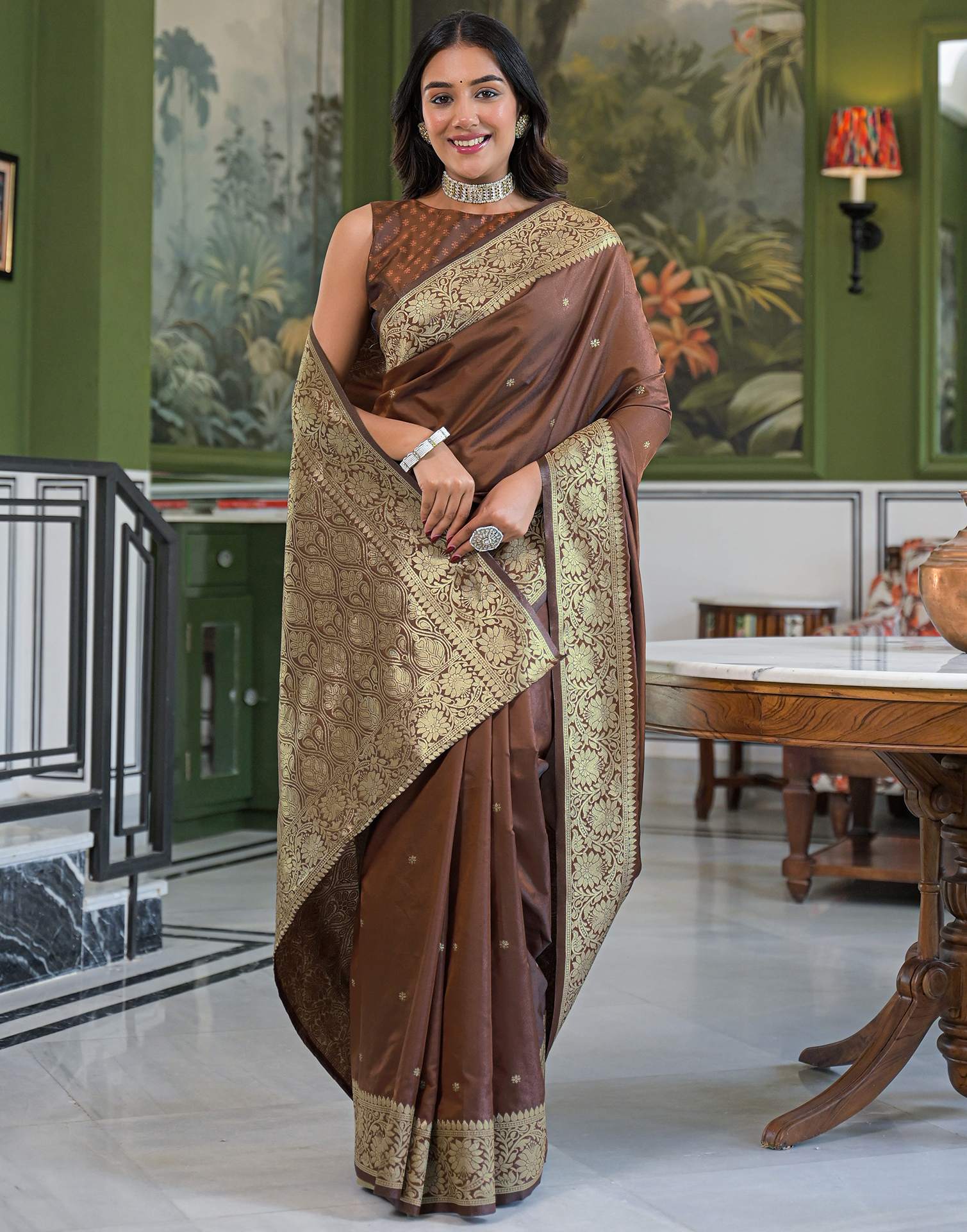 Dark Brown Silk Woven Banarasi Saree
