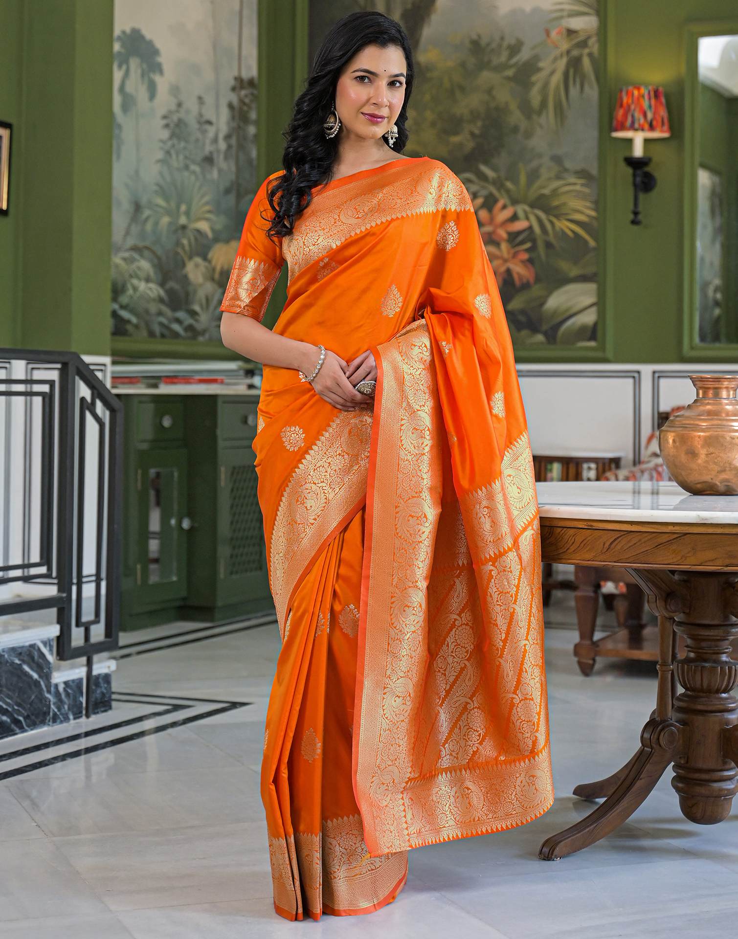 Orange Silk Woven Banarasi Saree