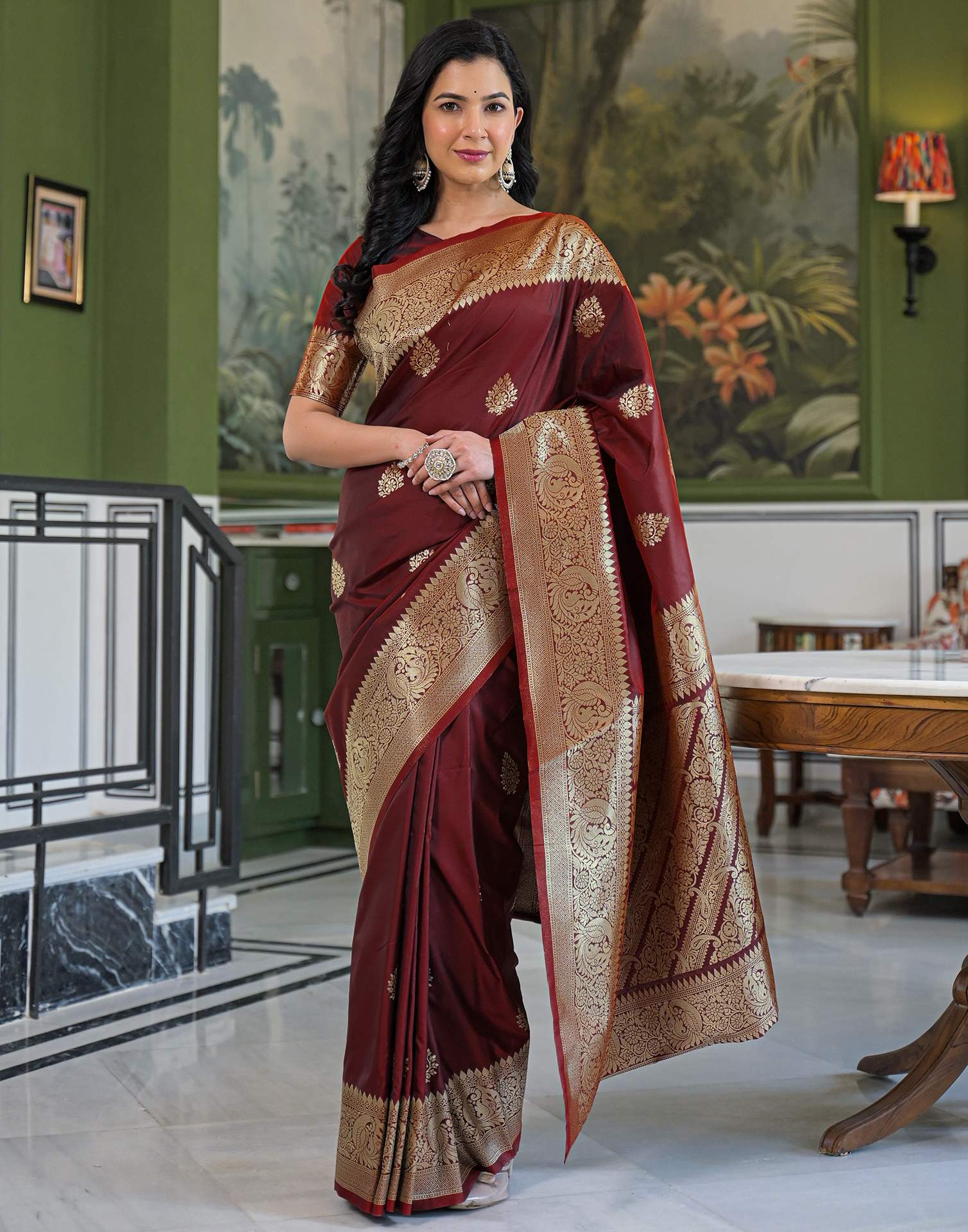 Maroon Silk Woven Banarasi Saree