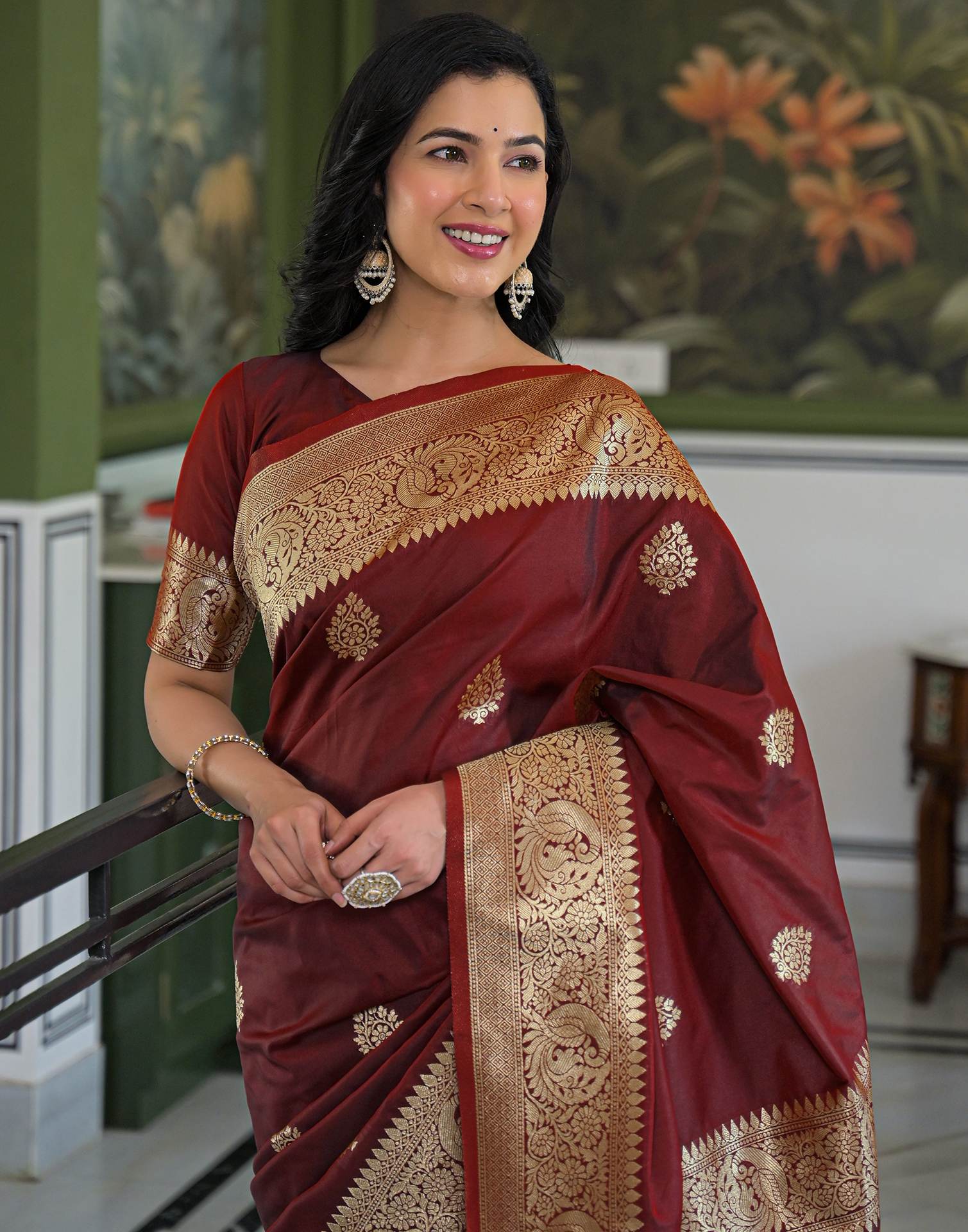 Maroon Silk Woven Banarasi Saree