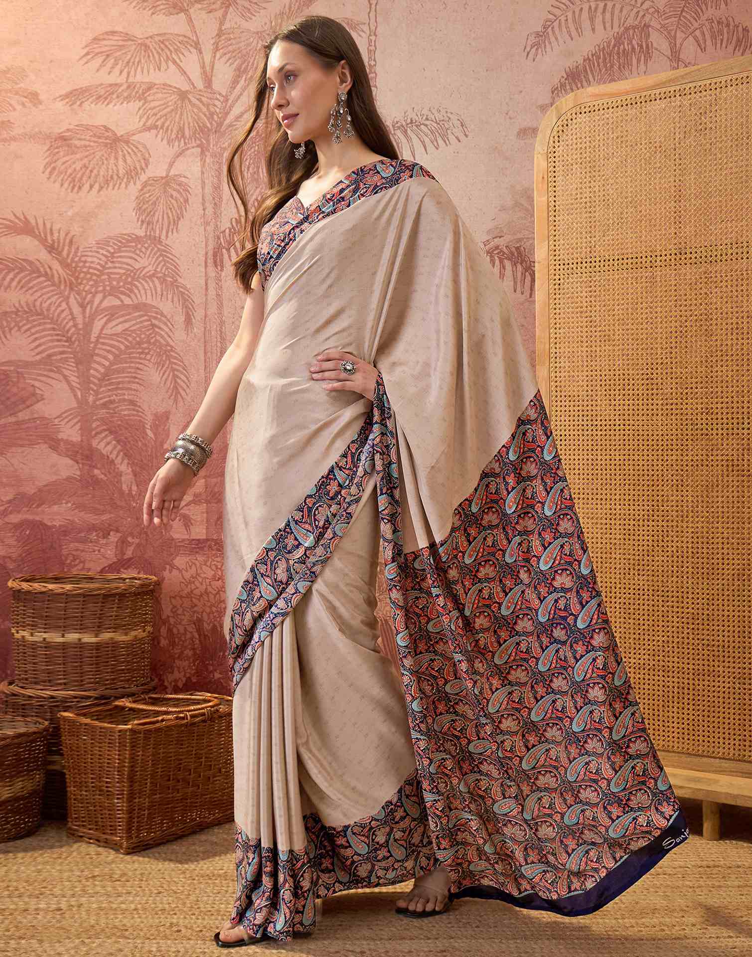 Beige Crepe Silk Printed Saree
